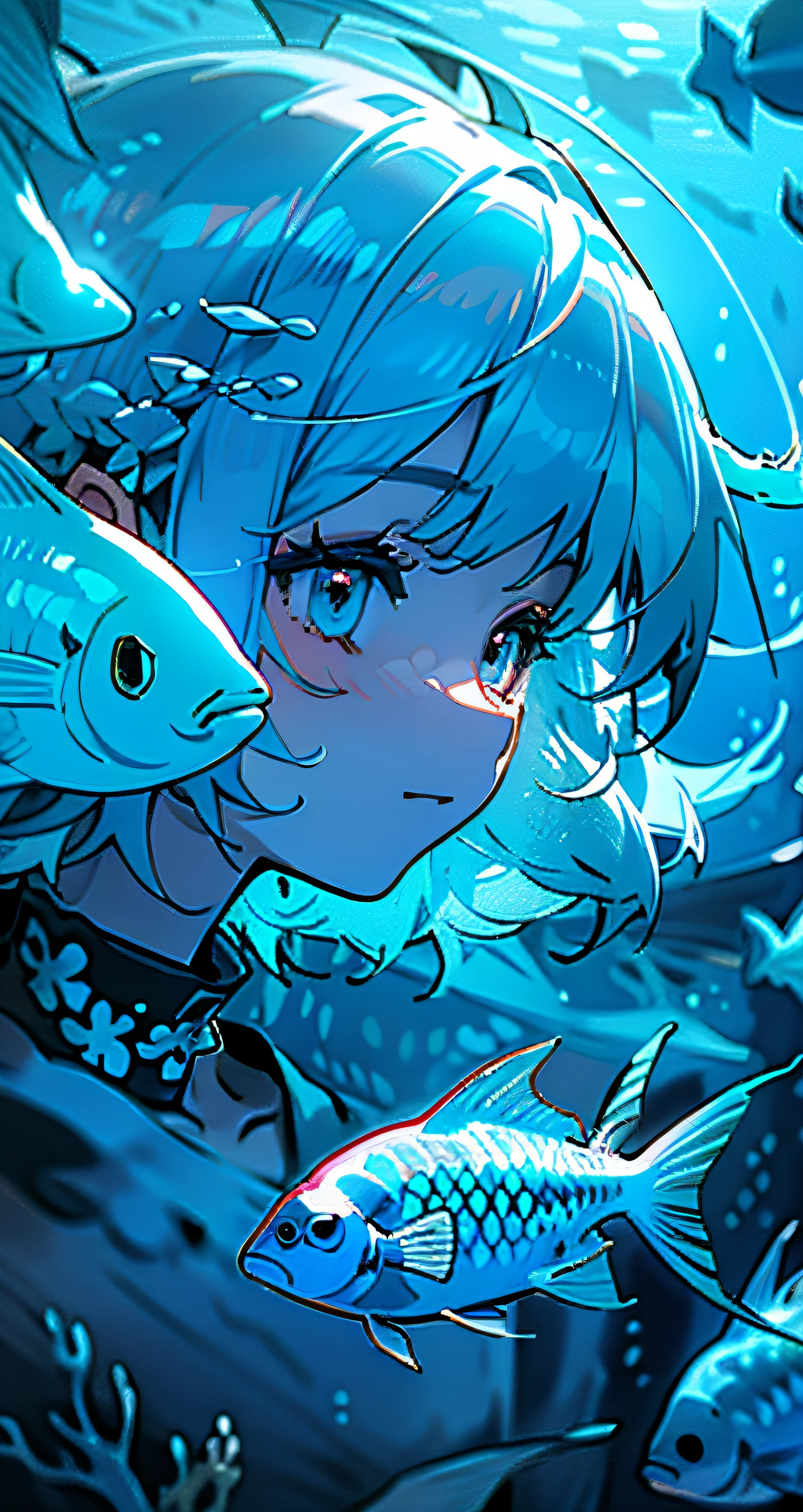 Kizi,facial closeups,sideface,eBlue eyes,whaite hair,short detailed hair,Light blue theme,Light blue background,Schools of colorful fish,独奏,jewely,耳Nipple Ring,Buble,choker necklace,Underwater footage,jelly fish,Floating hair,Exquisite digital illustration,Multi-detail digital illustration,A high resolution,high qulity