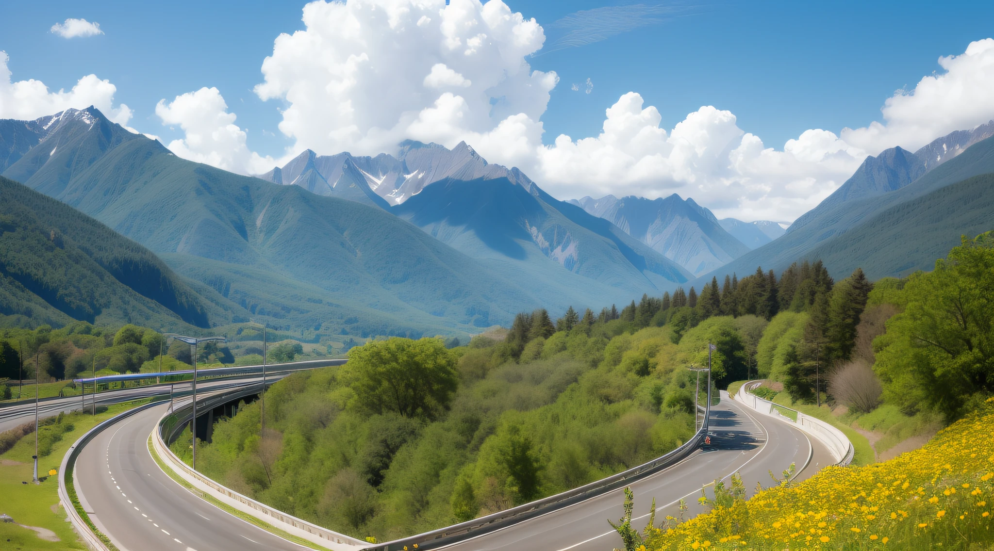 Mountains，freeway，Flowers stream，with blue sky and white clouds，Realisticstyle