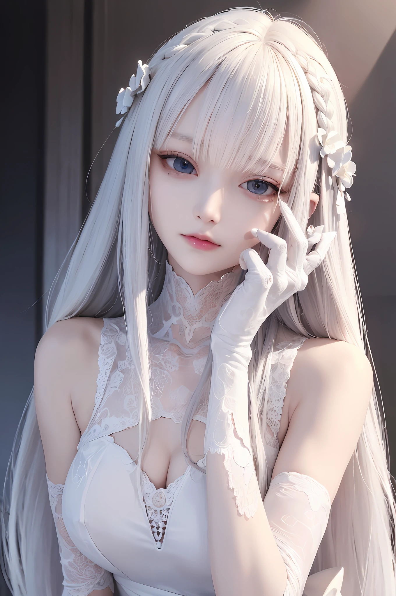 top-quality、​masterpiece、8K、femele、white  hair、Akame、white  clothes、look up to、cowboy  shot、Hair strands、light skinned、Side braid、Detailed hair strands、A detailed eye、A detailed face、Detailed mouth、Detailed hand、Detailed finger、(Accurate human skeleton)、Slim body、Detailed clothing、