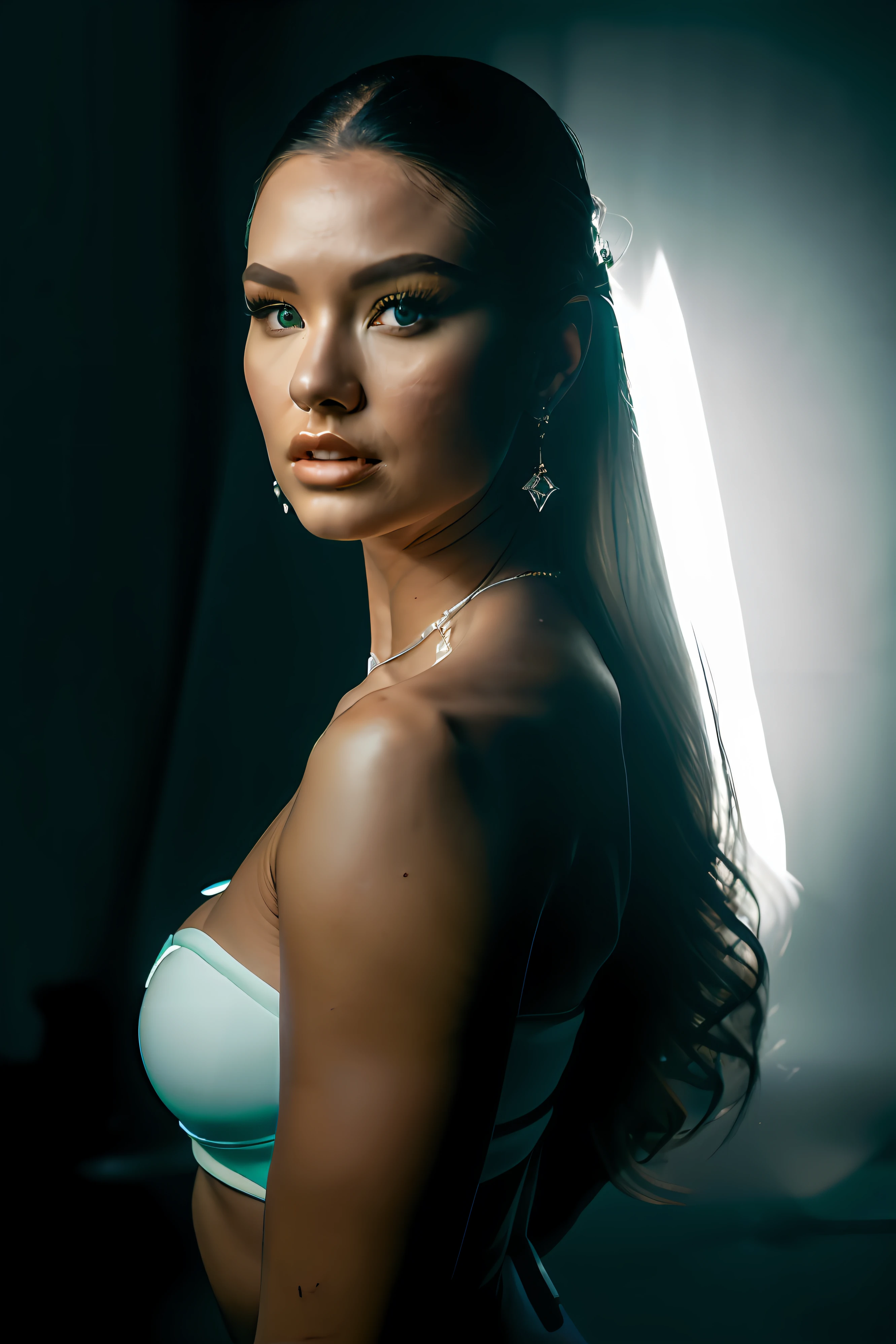 portrait of a award winning photo of nata lee posing in a dark studio, (rim lighting,:1.4) two tone lighting, sharp focus, teal hue, octane, unreal, dimly lit, low key,