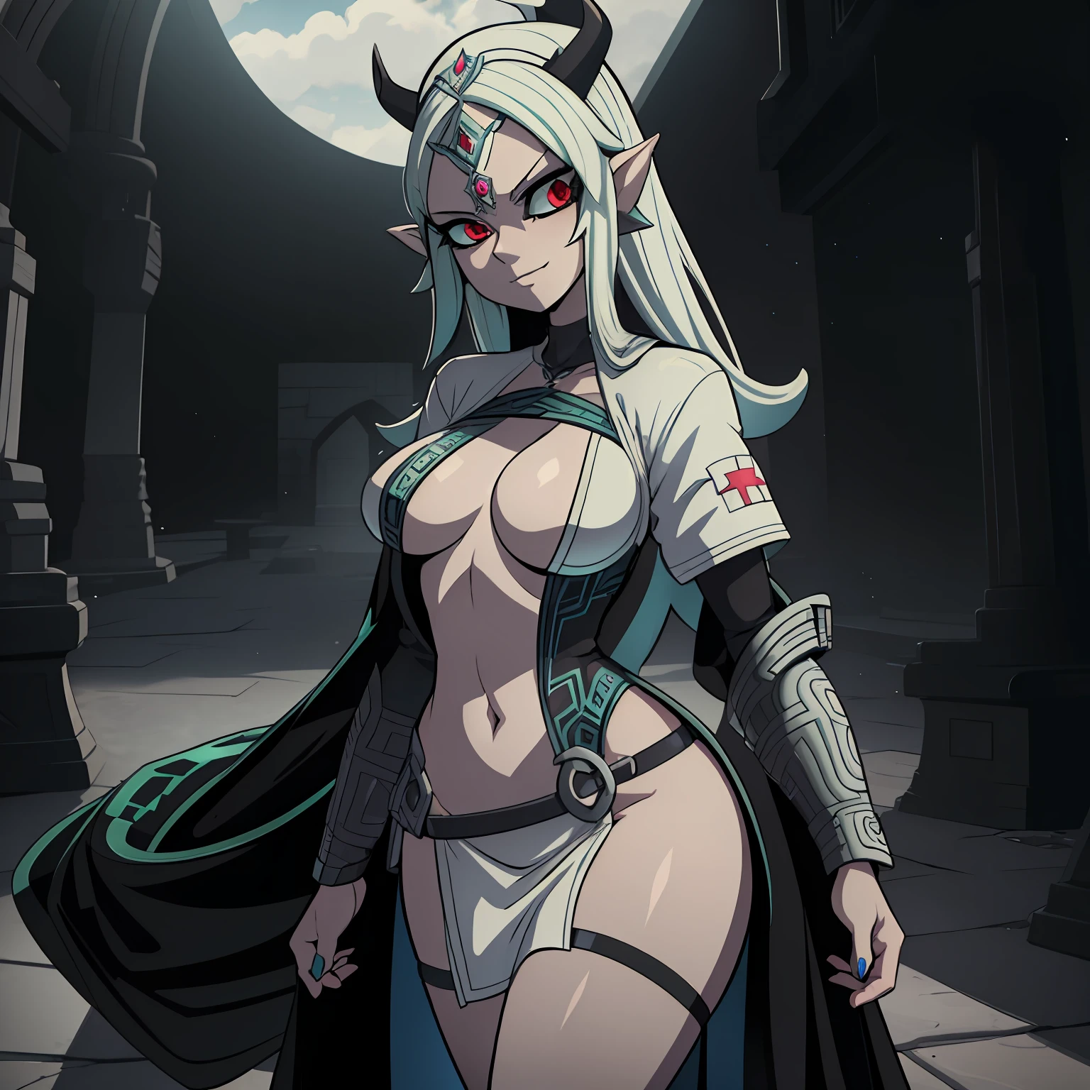 "Reimagined Midna as a female character from Twilight Princess, white small coat, dressed as a nurse in white clothing, exuding beauty and sexiness in a super pretty anime style."