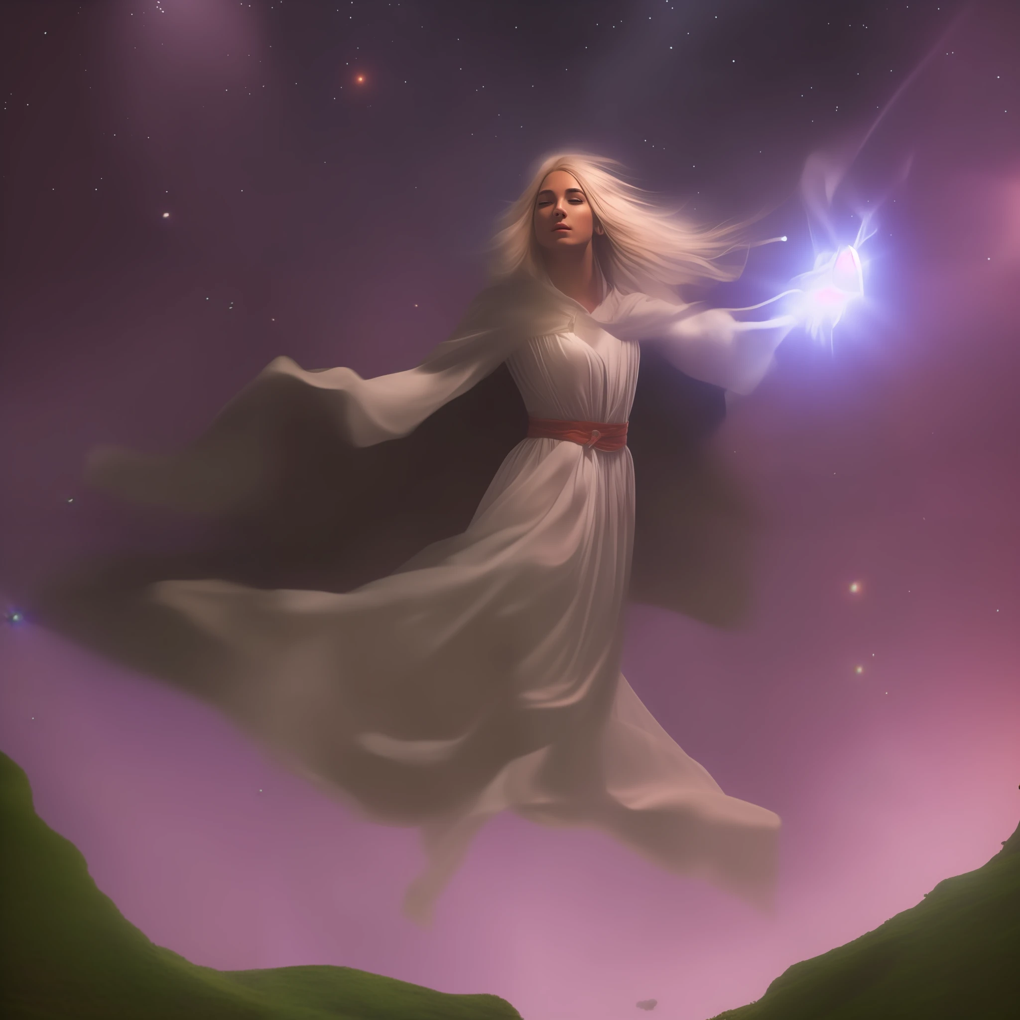 Summoner barefoot female levitating with blonde hair, robes and arms of cloak raised on a broken earth, luz de lava brilhante de baixo do campo de asteroides (rochas irregulares, pedregulhos e detritos disparando para o ar:1.3) (tempestade de detritos de poeira ventosa:1.1) Volumetric mist mist ray tracing z pass bright light from below, (obra-prima) (melhor qualidade) (detalhado) (8k) (cinematic lighthing) (foco nítido) (intrincado). roto perfeito,