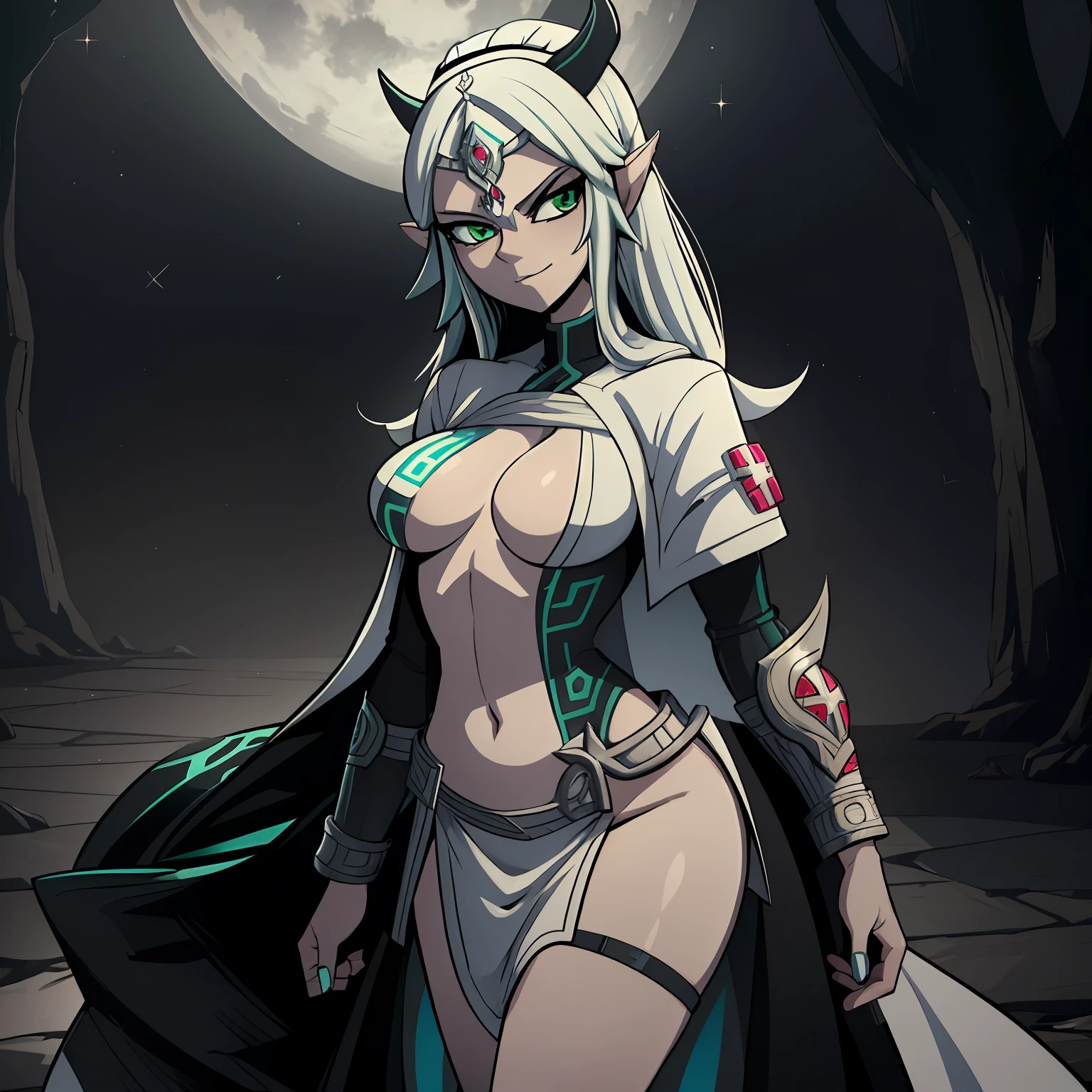 "Reimagined Midna as a female character from Twilight Princess, white small coat, dressed as a nurse in white clothing, exuding beauty and sexiness in a super pretty anime style."