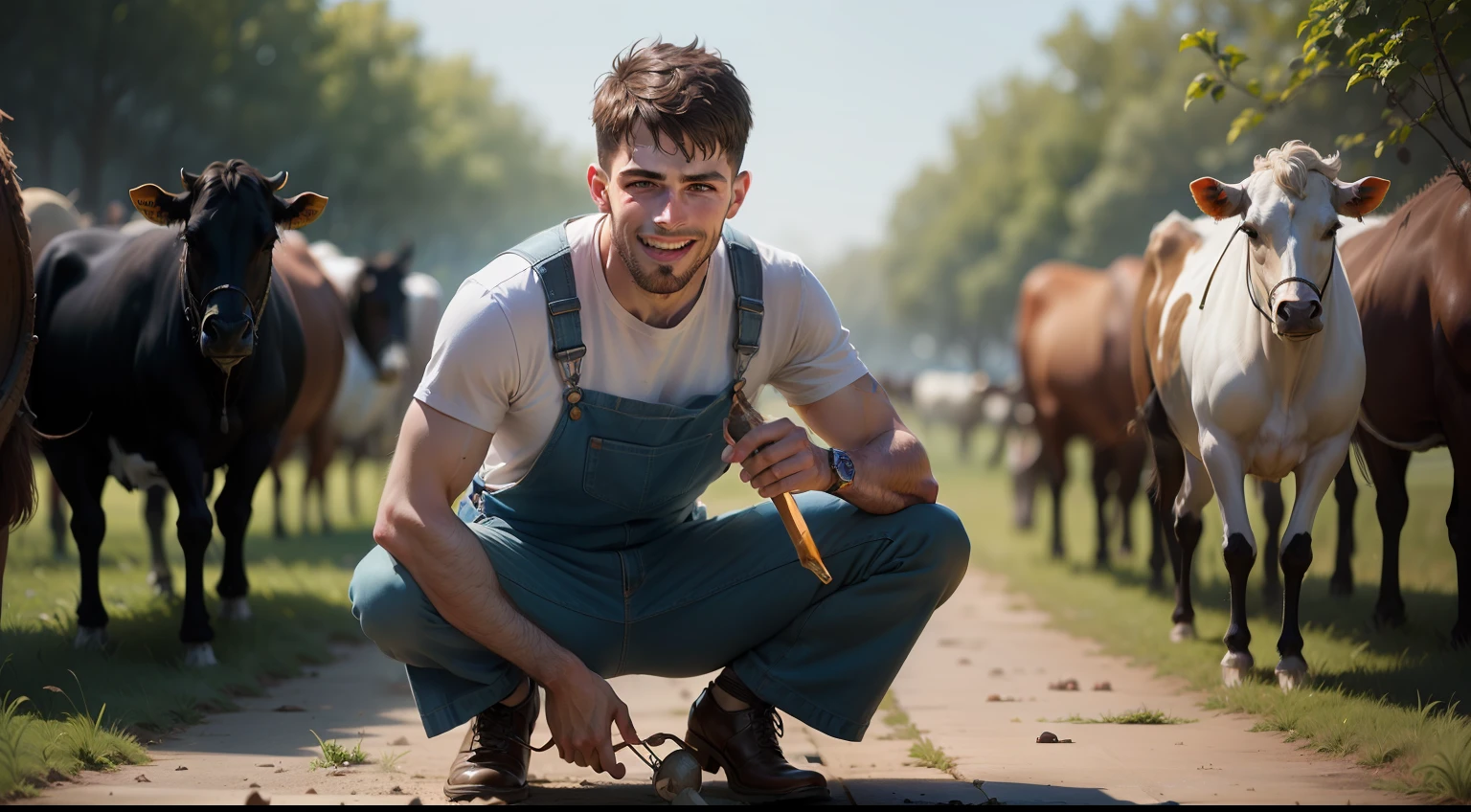 The man's name is Pulisic，He was crouching down to feed his cows grazing，wide wide shot，full bodyesbian，With a smile on your face，Toothy，（Masterpiece，Best quality：1.2），Alfeld man in overalls，high quality portrait，Rendu portrait 8k，maxwell render，professional portrait hd，well-groomed model，Career return，Dramatic, photorealistic painting art by midjourney and greg rutkowski
