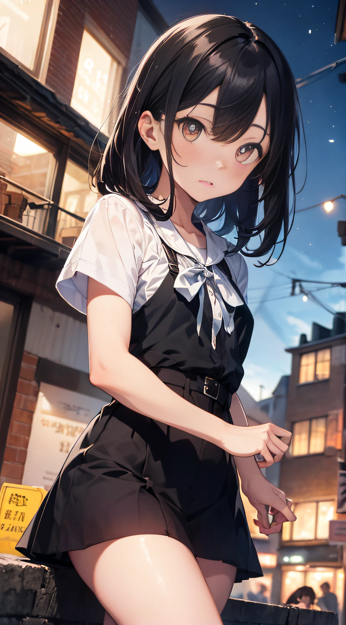 NY, (gradient hair, dutch angle:1.3), film grain, chromatic aberration, city, masterpiece, best quality, raw photo, photorealistic, absurdres, 1girl, cute, perspective, cowboy shot, highres, ultra detailed, detailed eyes and face, sharp pupils, realistic pupils, sharp focus, summer, night,