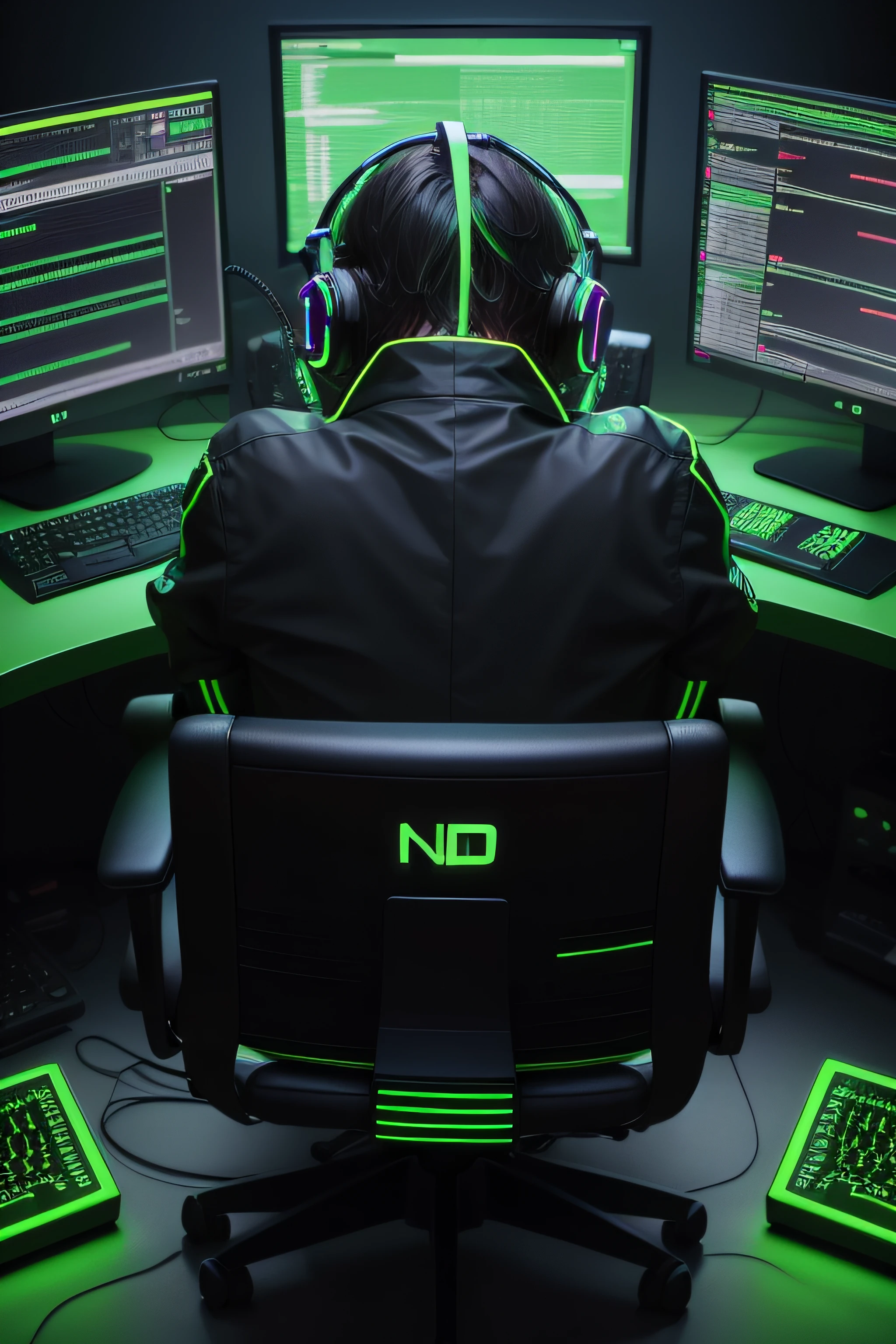 tela de computador com um super computador do lado programando, neon rgb green and black 4K detalhado ultra realista