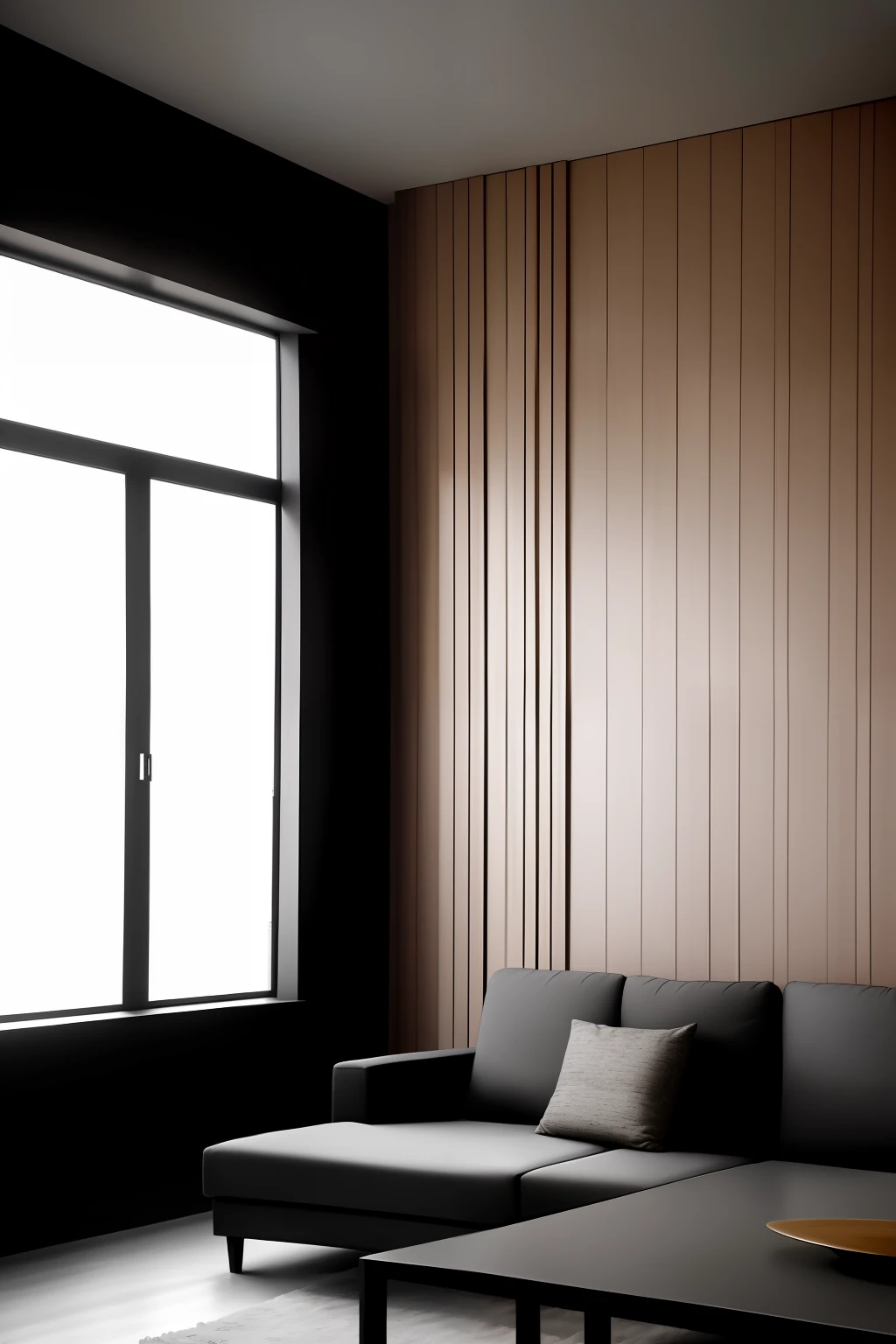 Wooden wall luxury apartment living room,Zen minimalist style,Monochrome with soft daylight,A combination of natural and man-made elements,Spacious and comfortable,Show the overall spatial layout,realisticlying