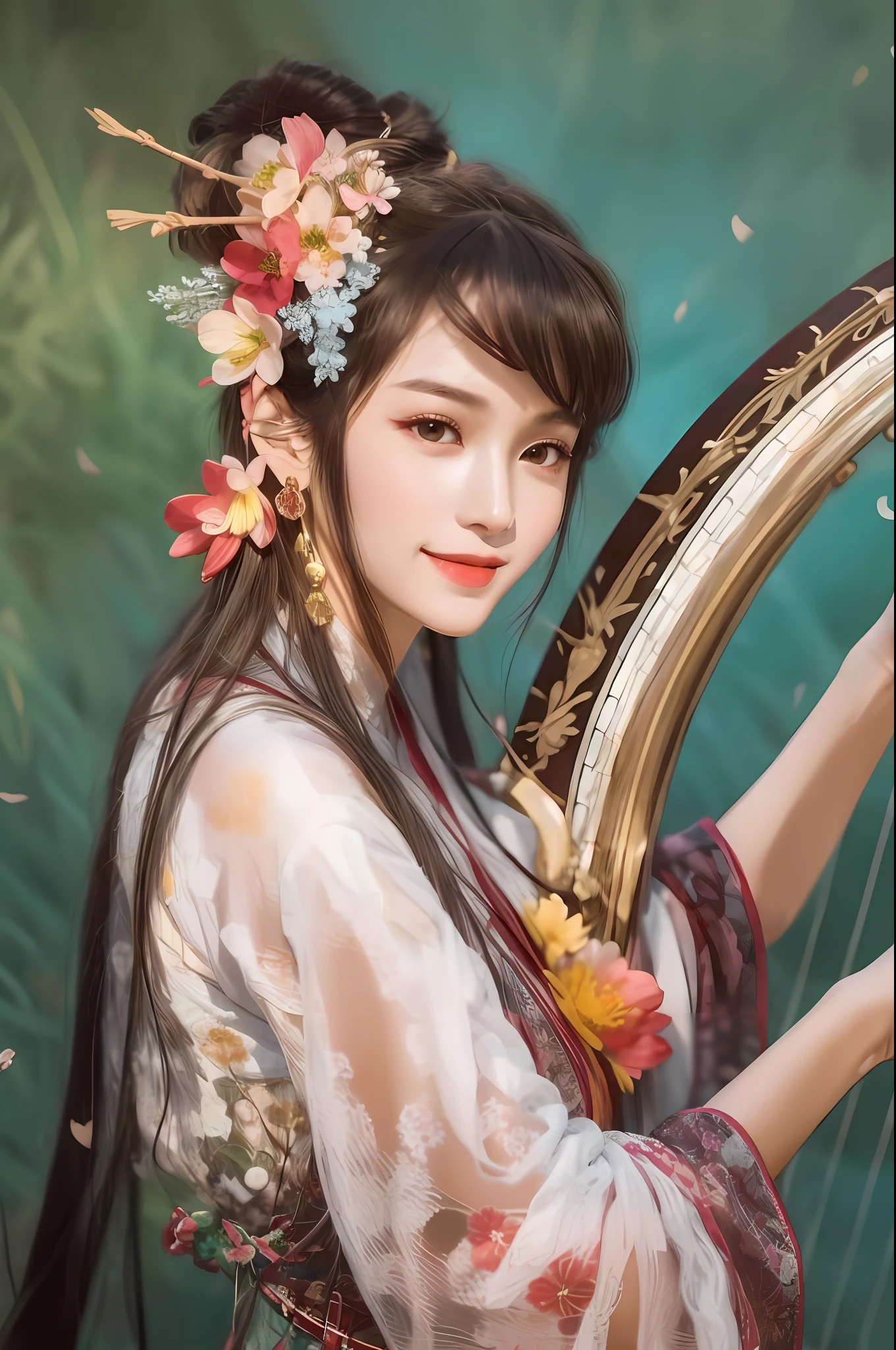 A close-up of a woman in a red dress holding a harp, Palace ， A girl in Hanfu, Chinese traditional, Chinese style, Hanfu, Wearing ancient Chinese clothes, Guviz-style artwork, by Yang J, Inspired by Lan Ying, Guviz, White Hanfu, inspired by Gong Xian, Chinese fantasy, Traditional beauty