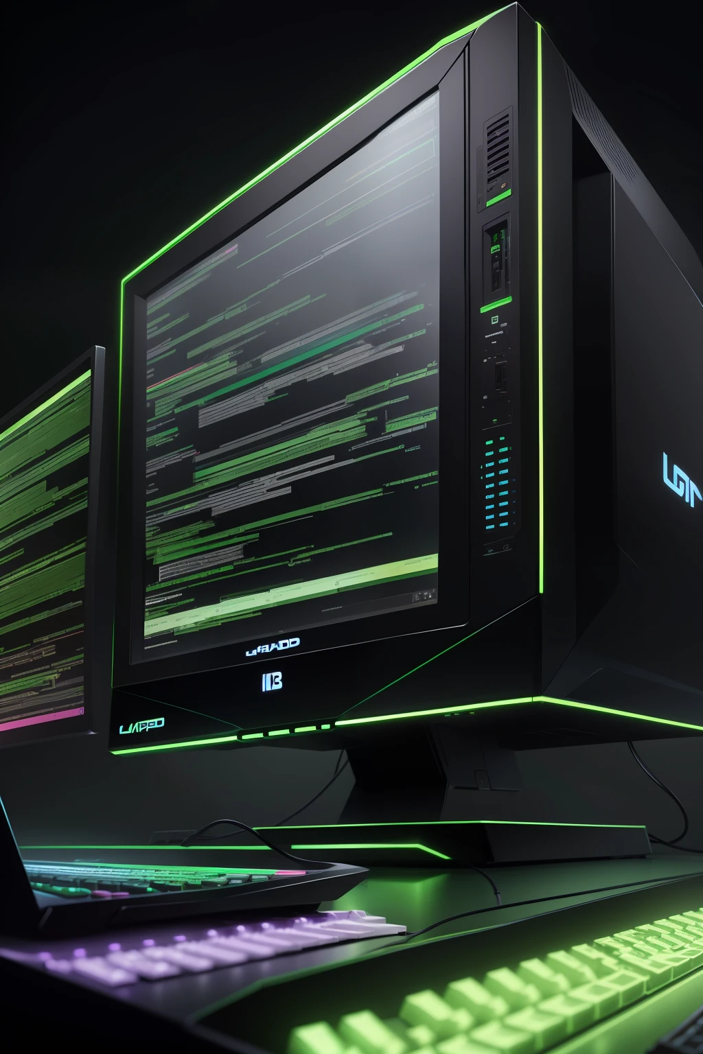 tela de computador com um super computador do lado programando, neon rgb green and black 4K detalhado ultra realista