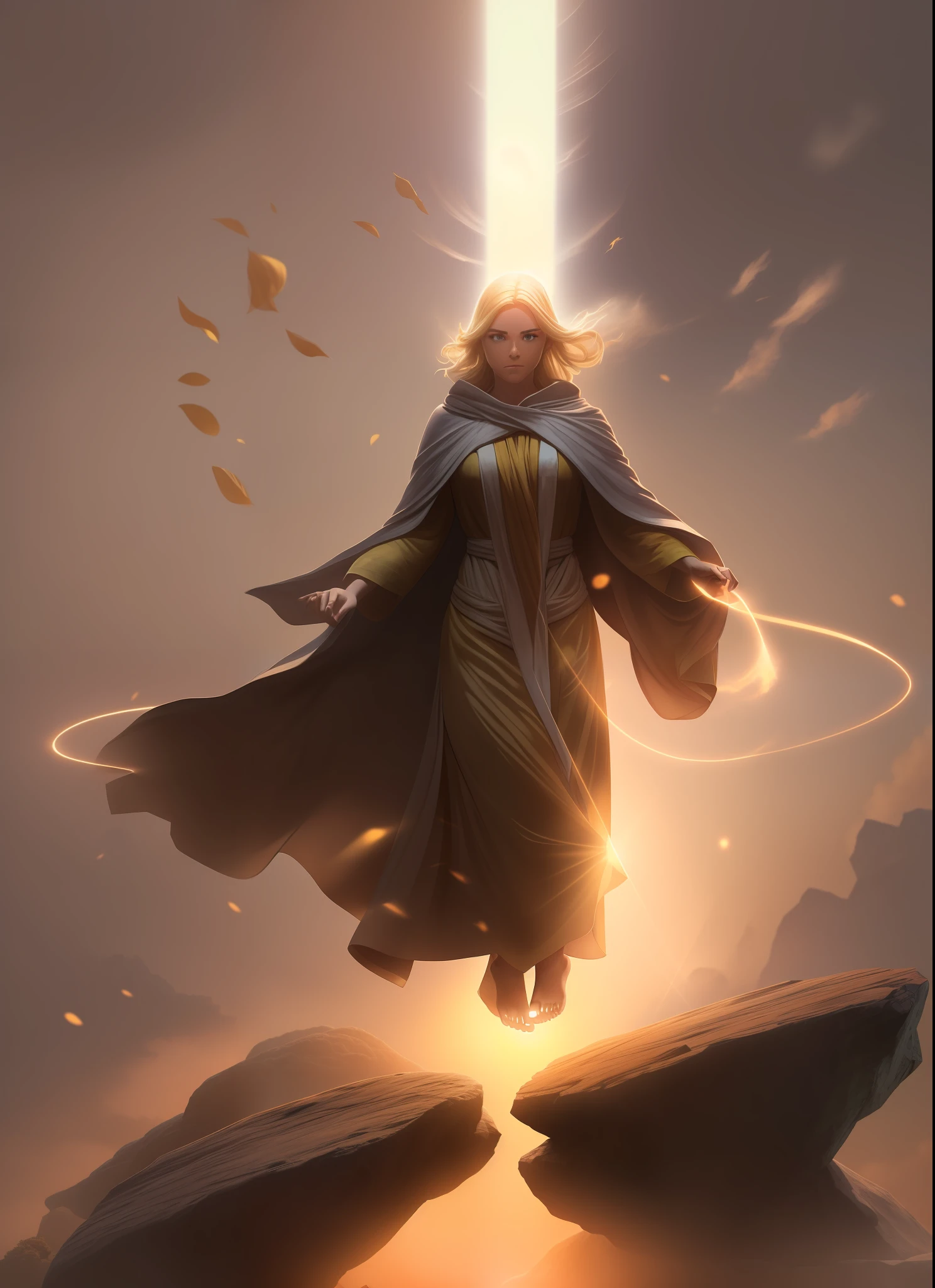 Summoner barefoot female levitating with blonde hair, robes and arms of cloak raised on a broken earth, luz de lava brilhante de baixo do campo de asteroides (rochas irregulares, pedregulhos e detritos disparando para o ar:1.3) (tempestade de detritos de poeira ventosa:1.1) Volumetric mist mist ray tracing z pass bright light from below, (obra-prima) (melhor qualidade) (detalhado) (8k) (cinematic lighthing) (foco nítido) (intrincado). roto perfeito,