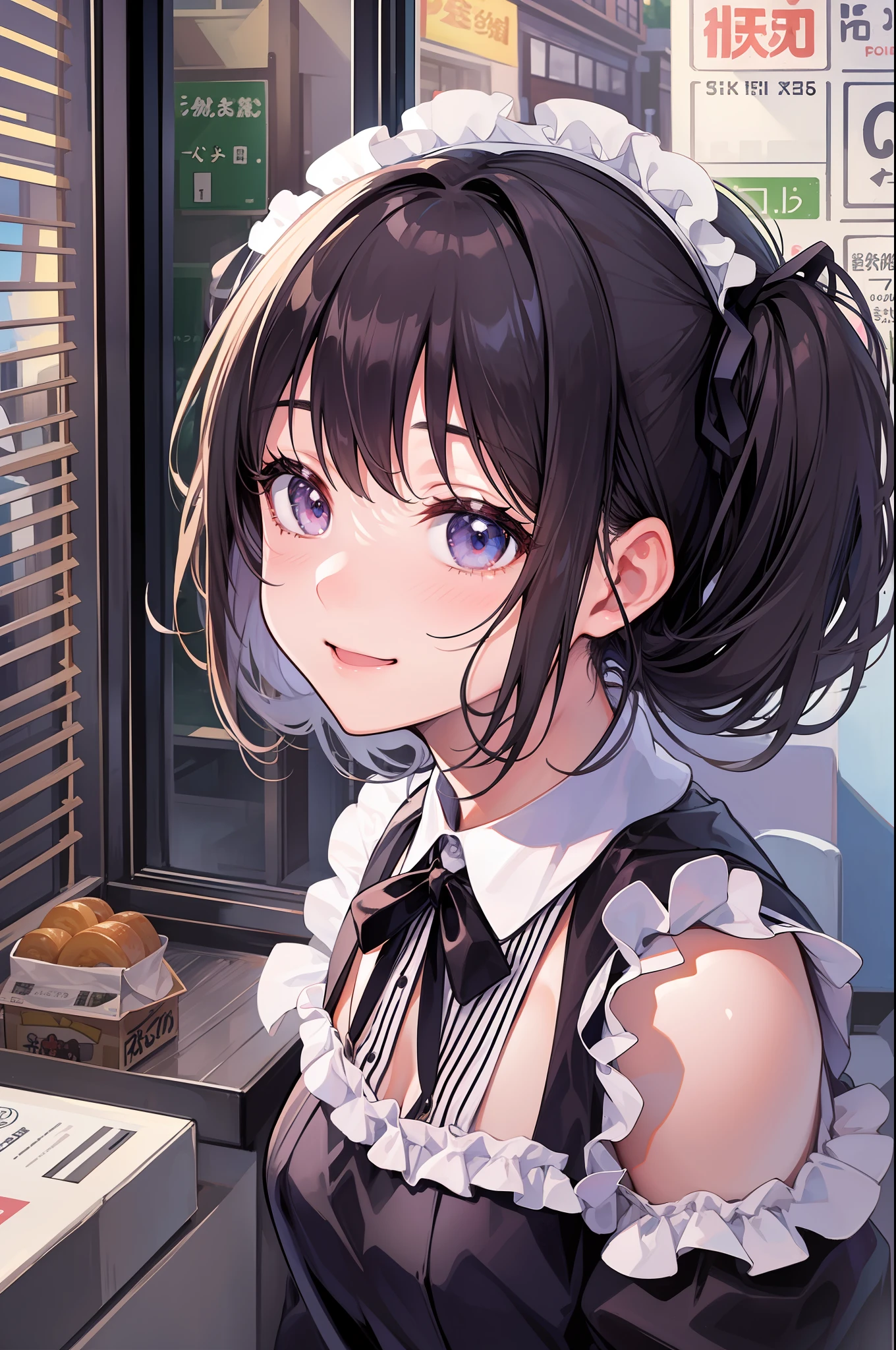 (Scenery of Harajuku)、cafes、lunch、comic strip、Maids、black maid outfit、Twin-tailed、A dark-haired、a smile、Realistic lighting、high resolution details、​masterpiece、top-quality、 --v6