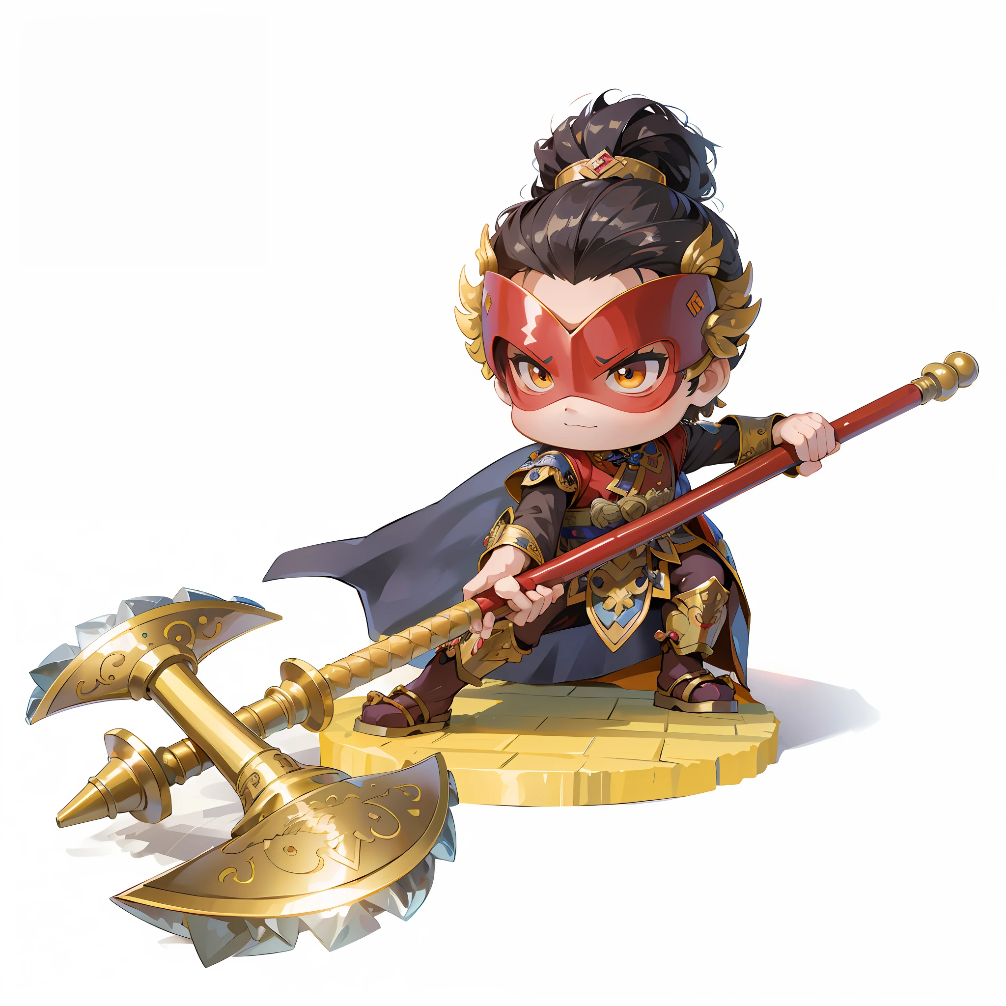 male people，Chibi anime characters，battleaxe，Chinese style，Chinese costumes，Chinese shoes，Refinement，Cloak，Chinese pattern，Silver armor，Horse steps，high definition detail，infinite details，tmasterpiece，HighestQuali，8K
