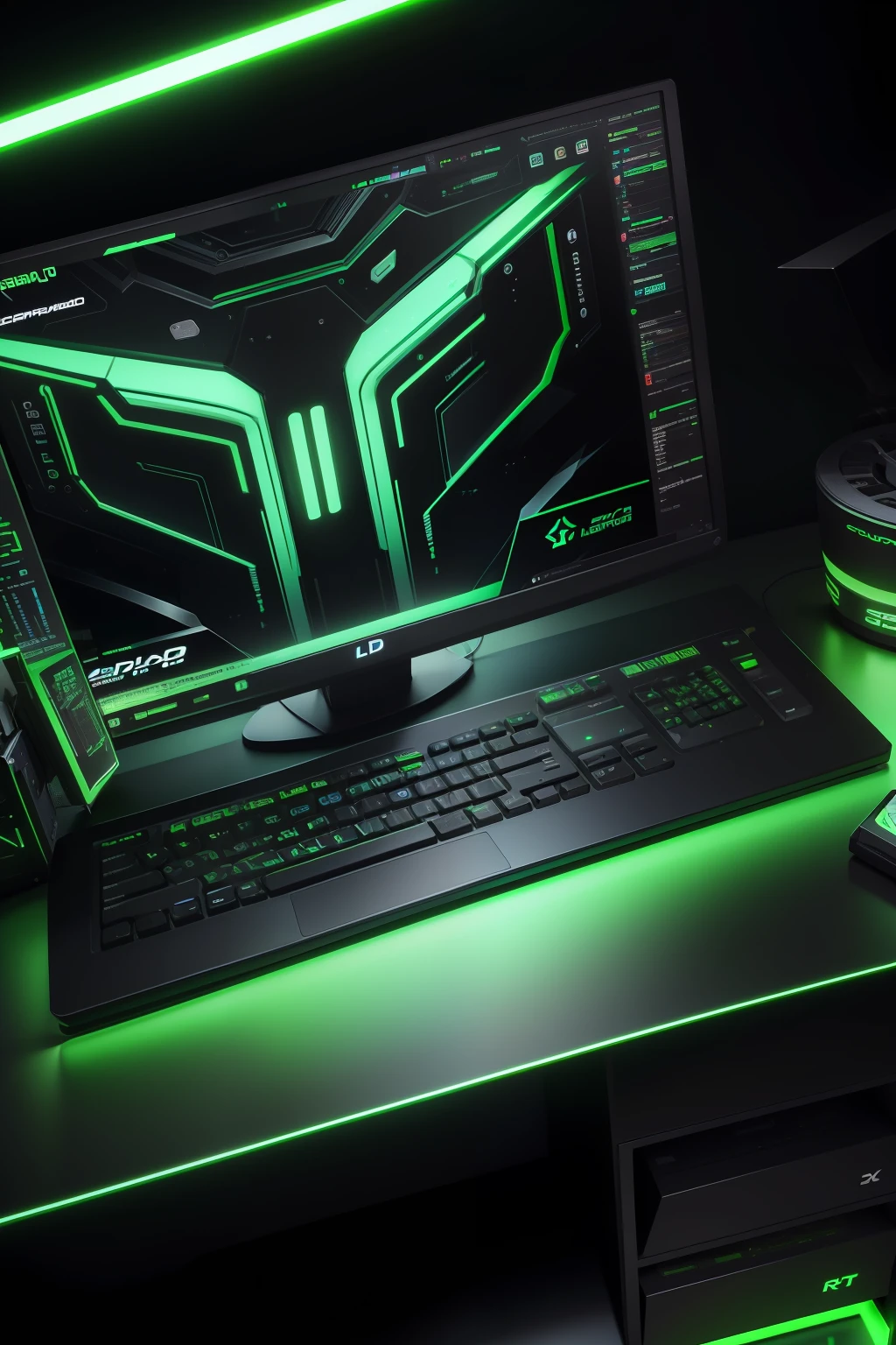 tela de computador com um super computador do lado programando, neon rgb green and black 4K detalhado ultra realista
