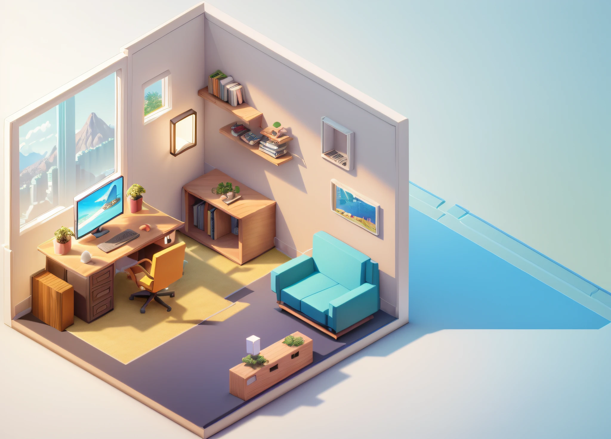 (Isometric perspective:1.5),(Pixar style:1.2), Room, bed, sofa,(small bonsai:0.8),desk lamp, TV, mural, 3D,Disney,Panoramic photo,White background, solid background,Global illumination, raytracing, modeling,HDR,octane render,unreal render,behance,dribbble,artstation,best quality, 8k,