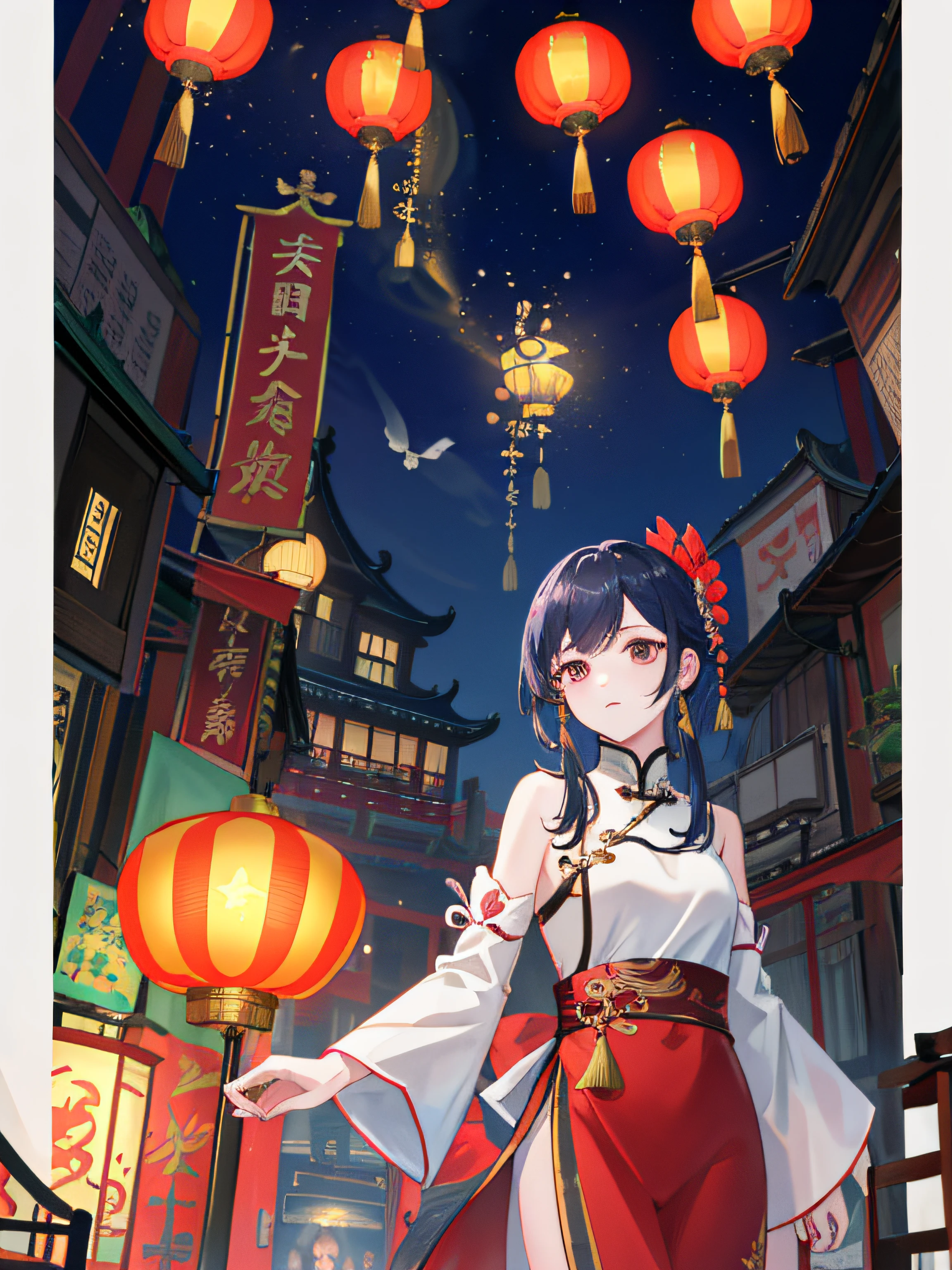 Photos taken from a video game of a Chinese temple, dreamy Chinese towns, evening lanterns, floating chinese lampoons, Rosla global lighting, ross tran. scenery background, Lanterns, dreamland of chinese, 🌺 CGSesociety, inspired by Andreas Rocha, [ trending on CGSociety ]!!, by Yang J, inspired by Liam Wong, author：Shitao