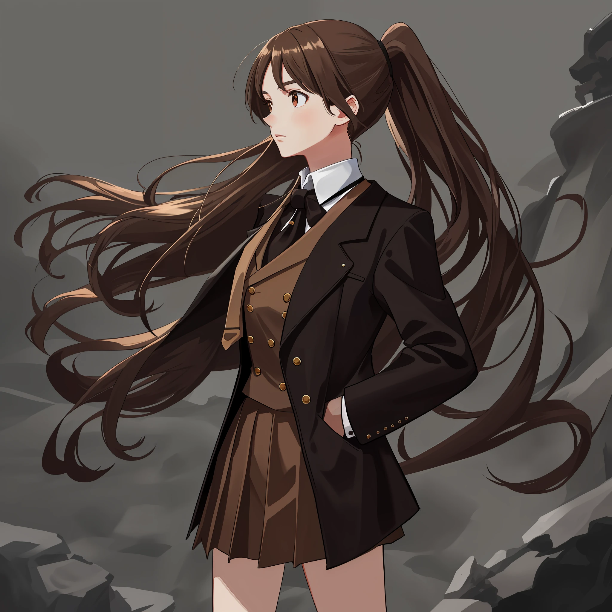 Masterpiece, Best quality, A high resolution, A high school girl wears a long ponytail,Chocolate colored hair,Wearing a black vest,Brown coat,Short brown skirt,The background is the wilderness