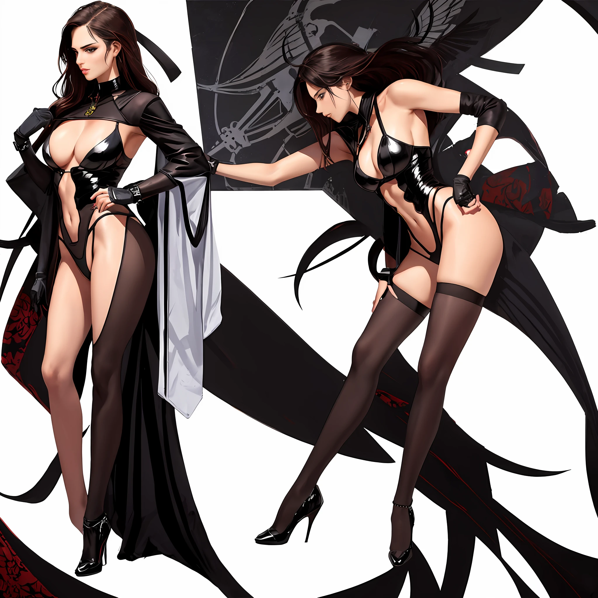 Illustration art,Whole body movement,Sexy woman in sexy clothes,Women kill,Very impactful graphics,Very cool facial expression,the sideview,with his back to the viewer,Gorgeous background,Great erotic art,painting art,Sexy art,Detailed body part details,long leges,Inspired by J.c.Ryan Decker,Epic European and American illustrations,Tall,The whole body is evenly sexy