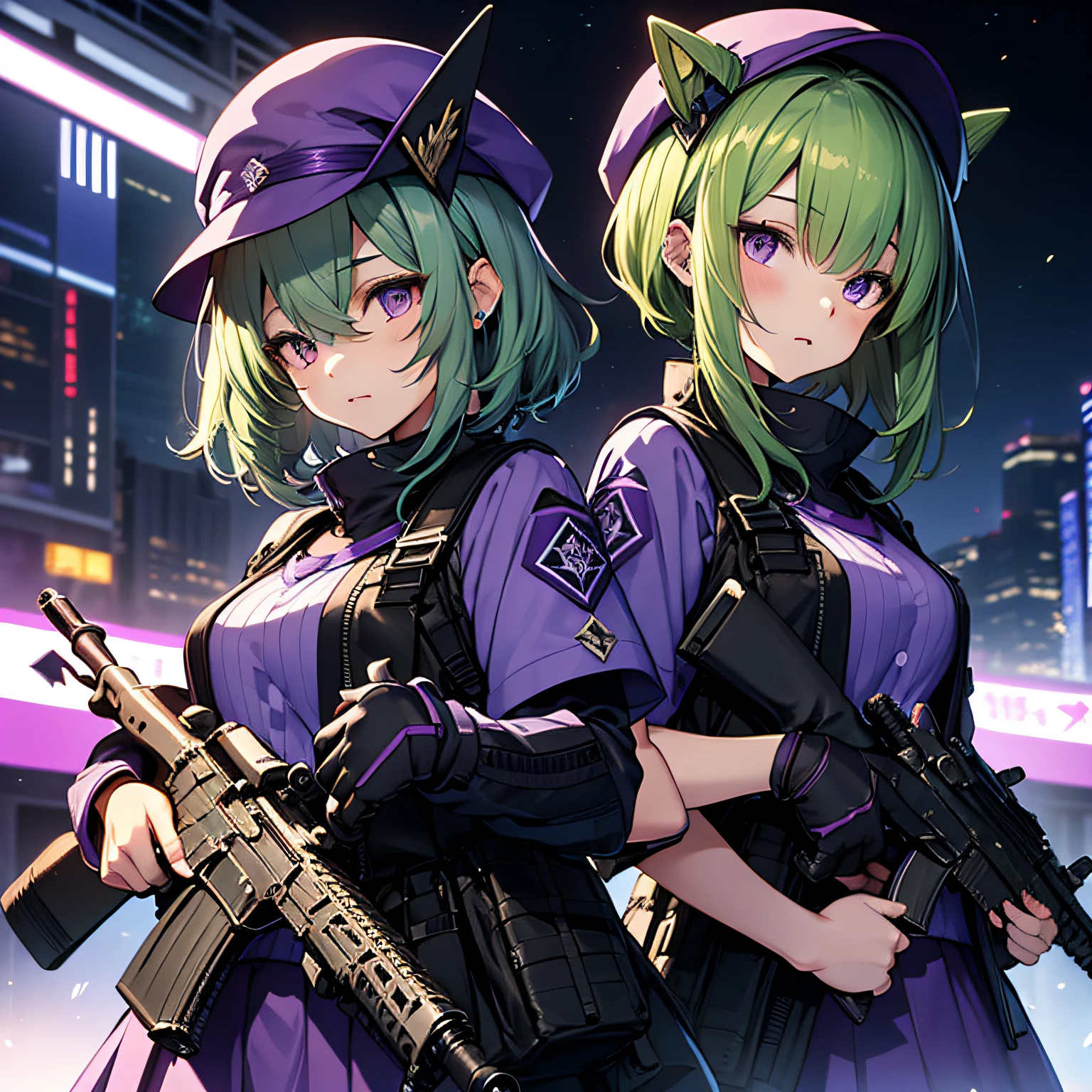 top-quality、extremely delicate and beautiful、(A teenage girl)、Purple Eye、Green hair、short-haired、(Purple pointy hat)、Purple tie、Soio、shortsleeves、Purple skirt、Navel,Tactical Vest、shortsleeves、Purple skirt、((Holding an assault rifle in both hands))、Midnight background