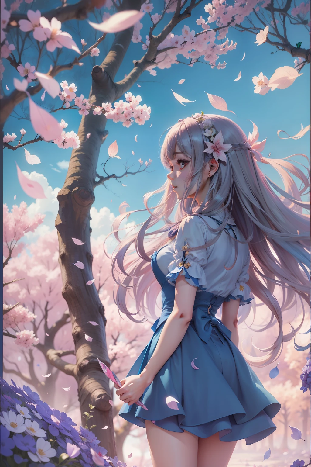 anime girl with long hair and blue dress standing in front of a tree, sakura petals around her, anime wallaper, Beautiful anime, Anime wallpaper 4 k, Anime wallpaper 4K, Anime art wallpaper 4k, Anime art wallpaper 4 K, style of anime4 K, 4K anime wallpaper, hd anime wallaper, Soft anime illustration, 4k manga wallpapers, Alicia, Surrealism, anime style, Romanticism, high detail, UHD, masterpiece, super detail, high details, high quality, award winning, best quality