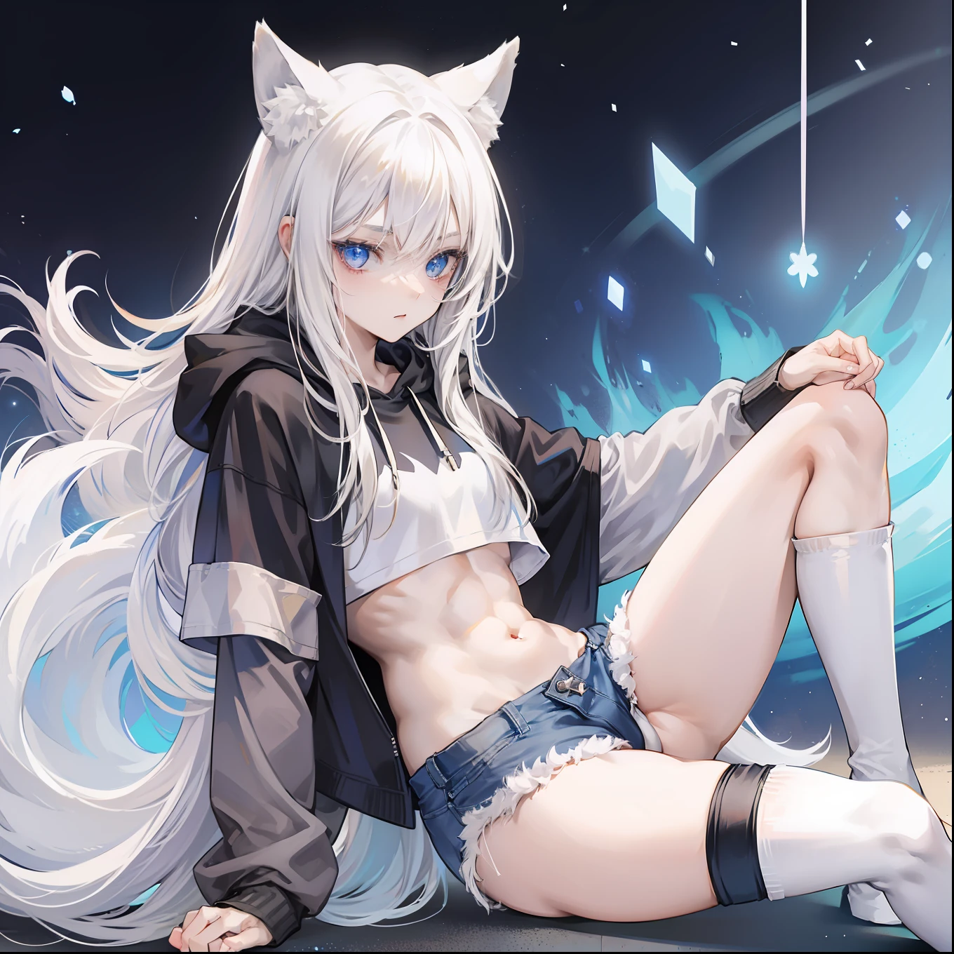 feminine male with long flowing white hair, has wolf ears, has wolf tail, wearing denim short shorts and a cropped black hoodie, thick thighs, wide hips, wearing thigh high socks, solo, alone, no wolves, showing belly, has glowing blue eyes, flat chested