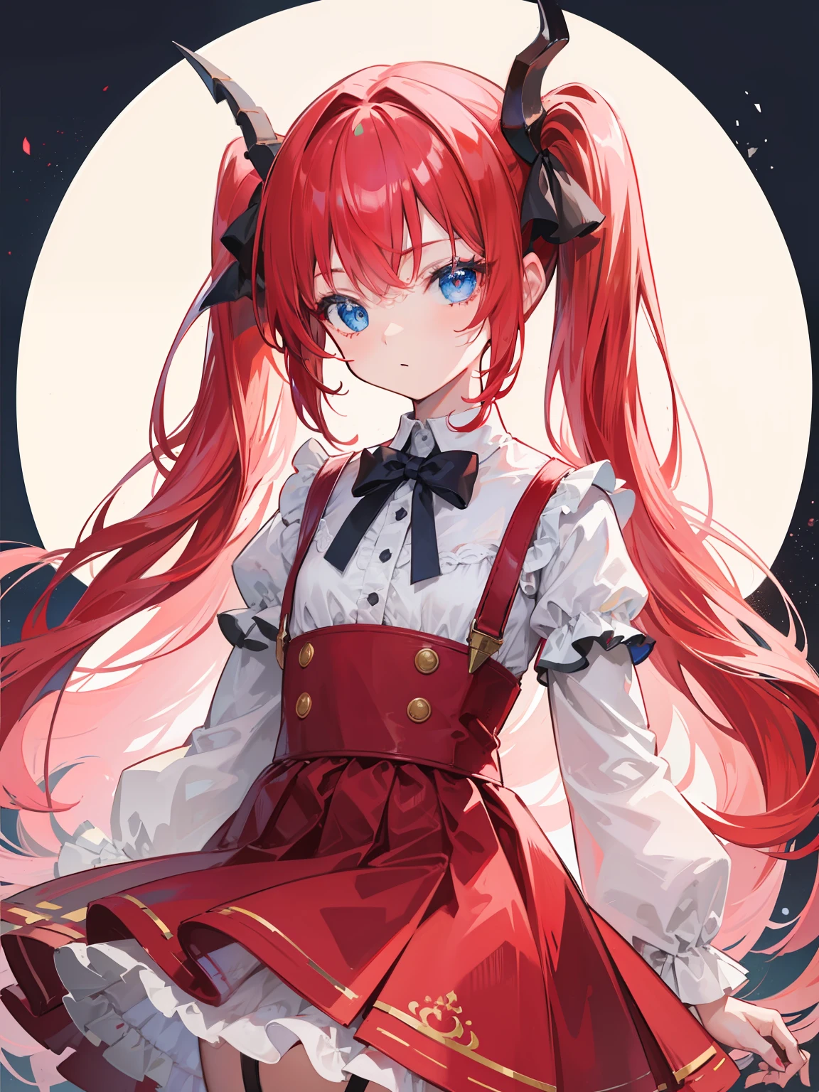 {{best quality}}, {{masterpiece}}, {{ultra-detailed}}, {illustration}, {detailed light}, red hair,blue eyes,twintails,lolita,Suspenders skirt,Fantastic,loli,solo,Dragon horns,little girl,long hair