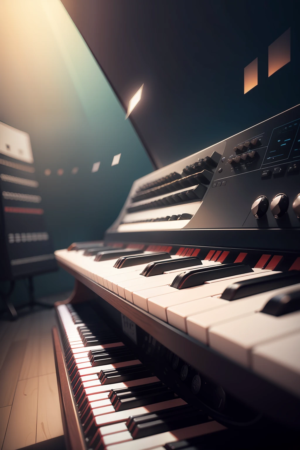 Imagine a musical keyboard in an artistic perspective, where details are represented in a stylized way, emphasizing the beauty of the design and the geometric shapes present on the keys and buttons
