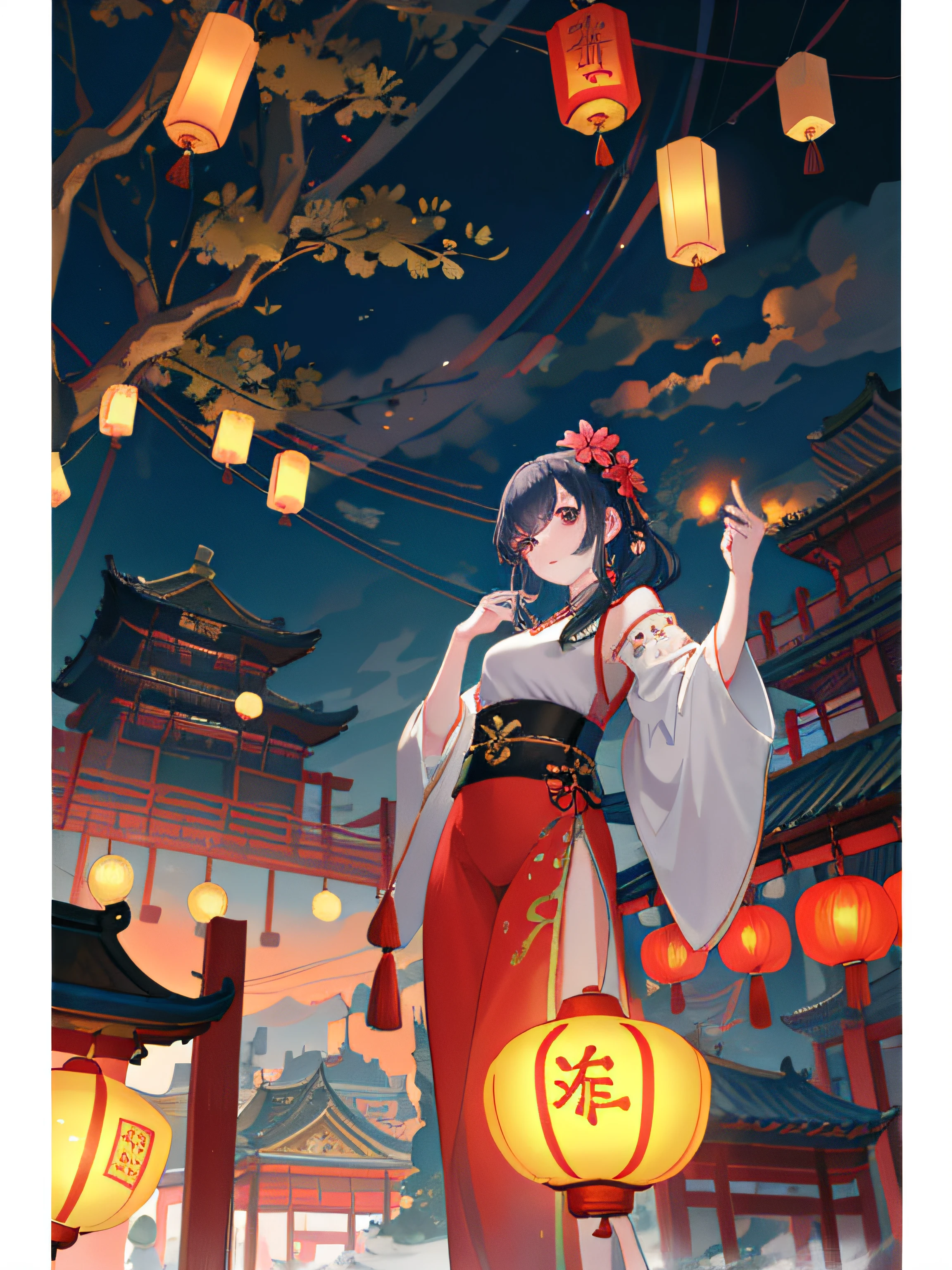 Photos taken from a video game of a Chinese temple, dreamy Chinese towns, evening lanterns, floating chinese lampoons, Rosla global lighting, ross tran. scenery background, Lanterns, dreamland of chinese, 🌺 CGSesociety, inspired by Andreas Rocha, [ trending on CGSociety ]!!, by Yang J, inspired by Liam Wong, author：Shitao
