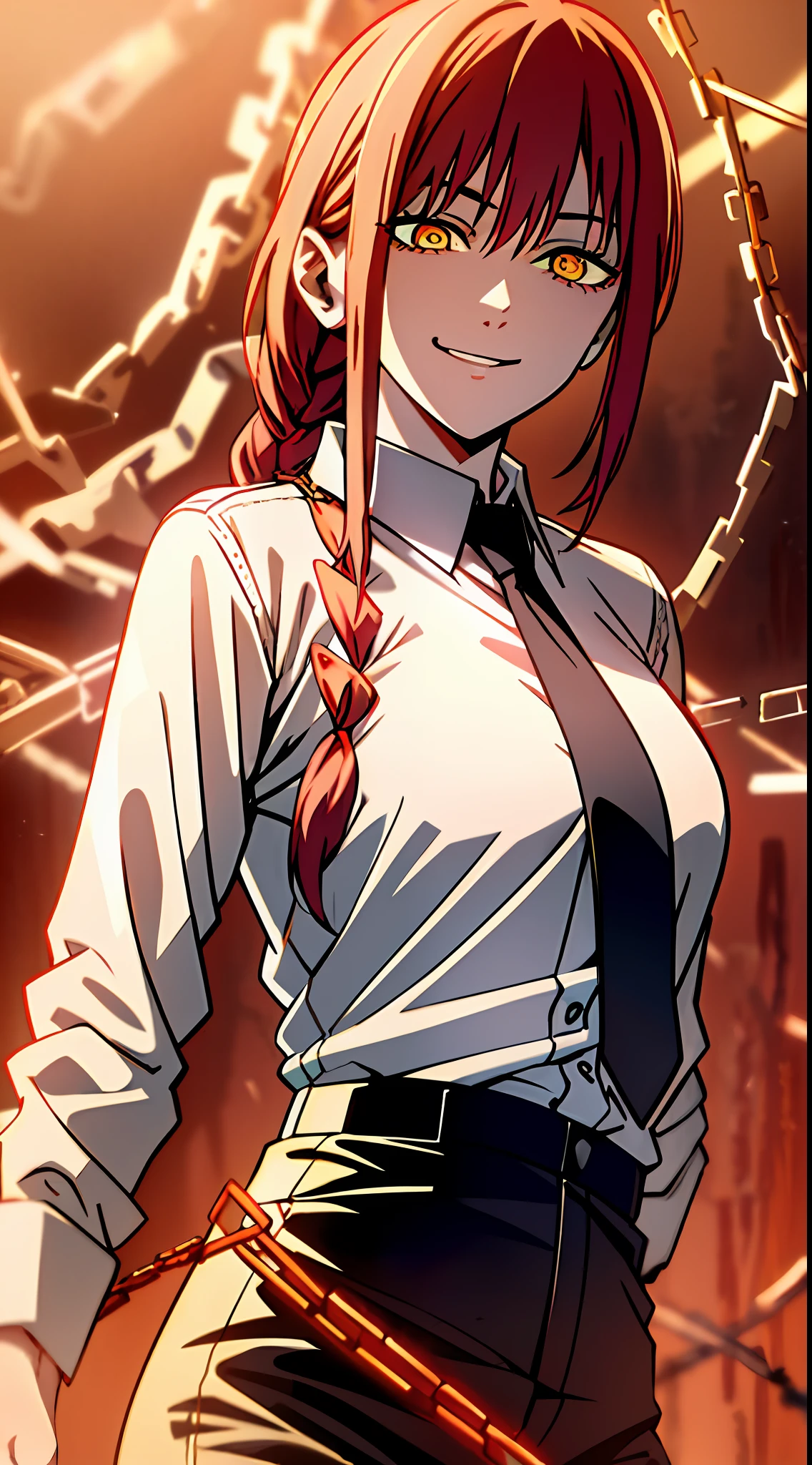 makima \(chainsaw man\), best quality, ultra detailed, 1girl, solo, standing, red hair, long braided hair, golden eyes, bangs, medium breasts, white shirt, necktie, stare, smile, (evil:1.2), looking at viewer, (interview:1.3), (dark background, chains:1.3)
makima \(chainsaw man\)