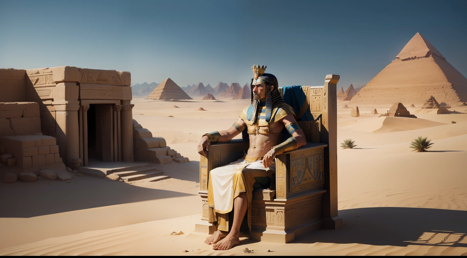 An ancient king, sitting on a chair, surrounded by ancient Egyptian, in a desert.