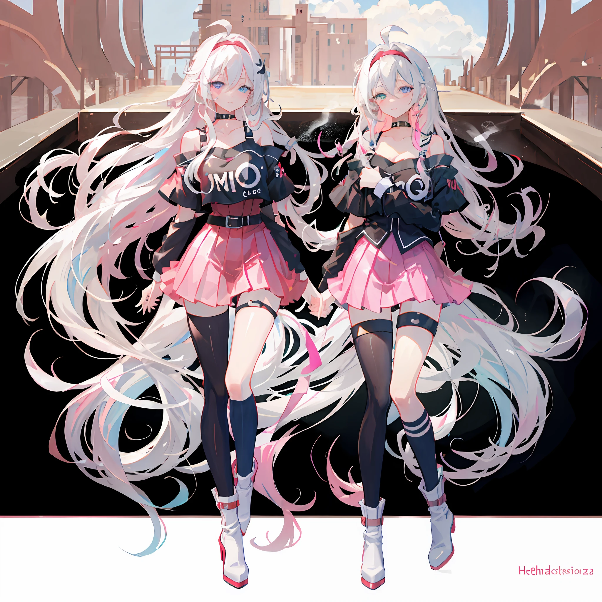 masterpiece, best quality, huge_filesize, girl, very long hair, white hair, ahoge, pink hairband, heterochromia , red eyes, half-closed eyes, medium breasts, leg belt, high heels, smoking,