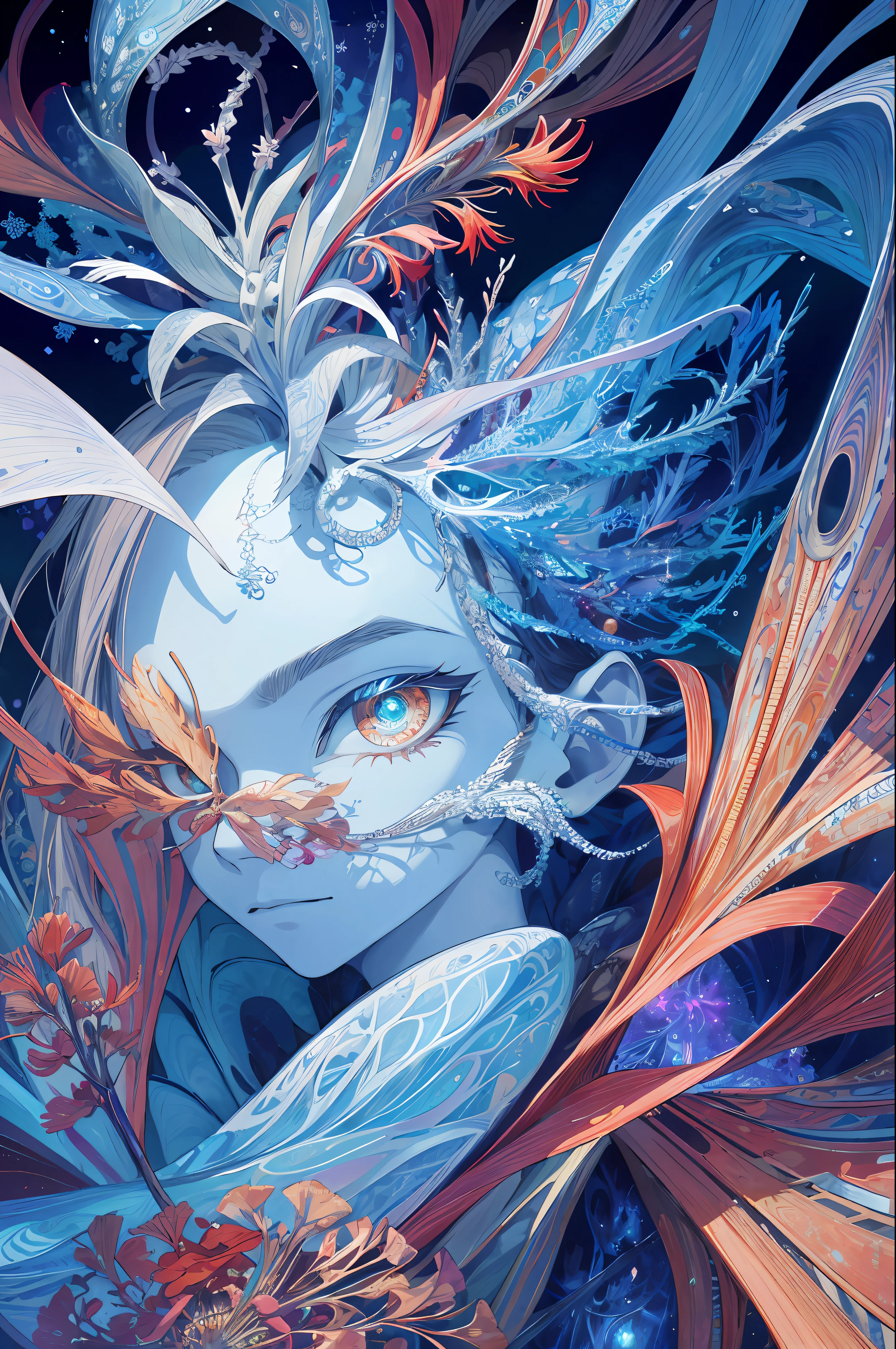 absurd, high resolution, super detailed, official art, unified 8k wallpaper, super detailed, beautiful and aesthetic, masterpiece, best quality, (zentangle, ice, tangles, entanglement), (fractal art: 1.3), realistic, (masterpiece, top quality, best quality, official art, beauty and aesthetics: 1.2), very detailed, fractal art, colorful, most detailed, zentangle, (abstract background: 1.5) (1boy: 1.3), gods, (glowing blue eyes), mysterious, (magic), (sitting on top of the giant Lycoris radiata), ice and snow