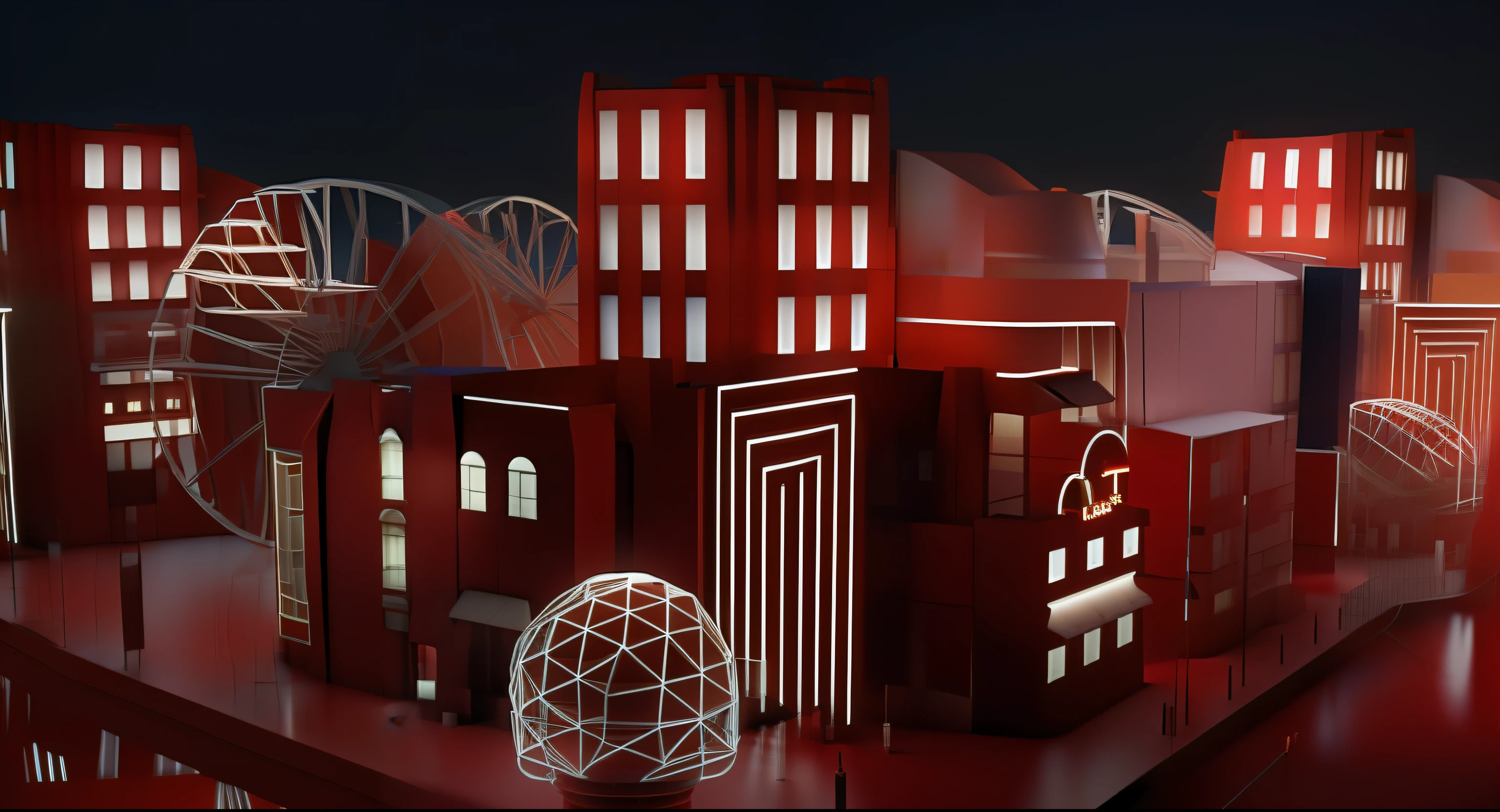 There is the charm of the city with Ferris wheels and Ferris wheels, night life buildings, Textured city at night, raytraced 3d set design, Rendered in Cinema4D, rendered in cinema 4 d, stylized as a 3d render, night time render, depicted as a 3 d render, red realistic 3 d render, 3 d render even lit