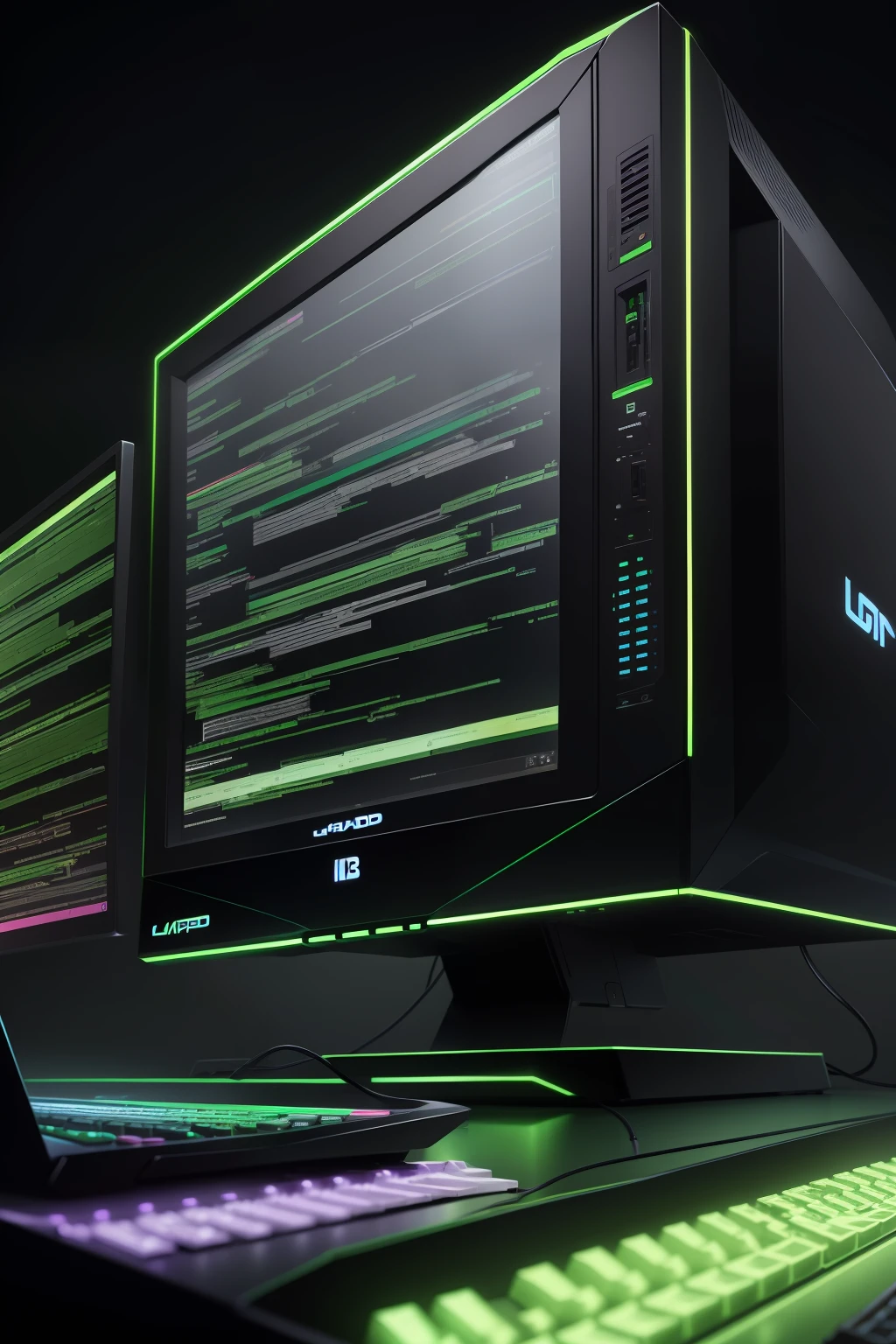 tela de computador com um super computador do lado programando, neon rgb green and black 4K detalhado ultra realista
