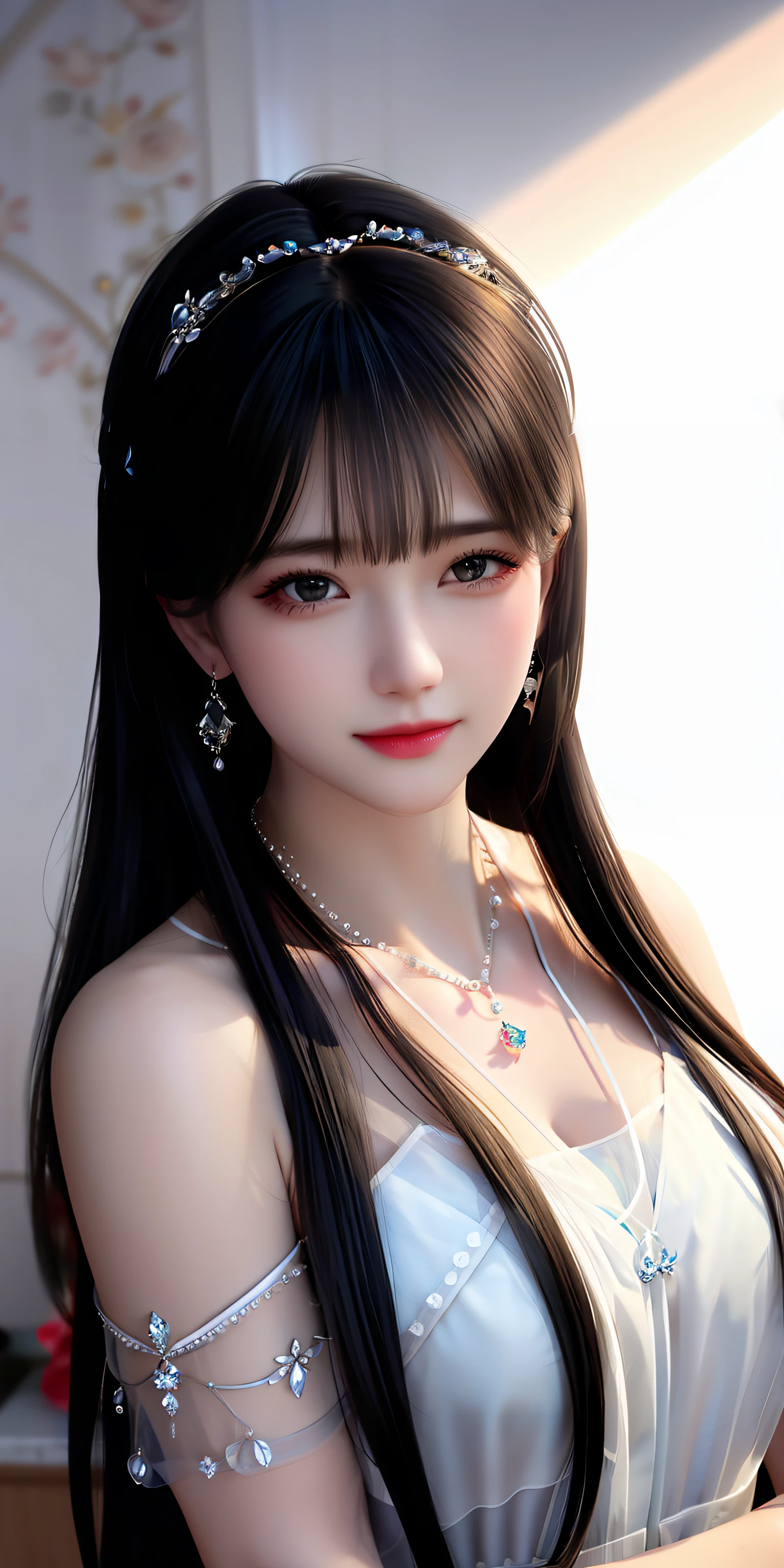 Best Quality, Masterpiece, High Resolution, 1girl, Clear Silk Porcelain Dress, Pretty Face, Hair Accessories, Look at the Audience, Smile, Close Mouth, Lips, Dress, Hair Accessories, Necklaces, Jewelry, Long Hair, Earrings, Beautiful Face, Body, Tindal Effect, Realism, Shadow Studio, Edge Lighting, Two-Color Lighting, (High Detail Skin: 1.2), 8k UHD, DSLR, Soft Light, High Quality, Volume Lighting, Photo, High Resolution 4K, 8k, Blurred Background