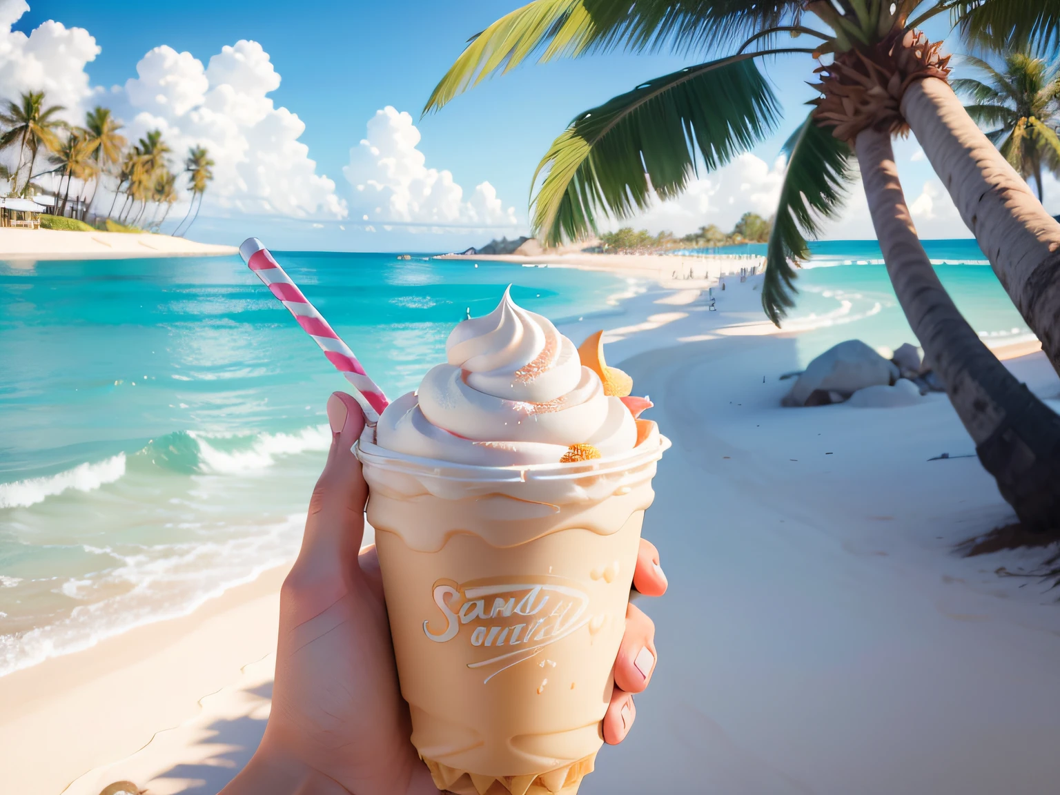 Soft-serve ice cream in hand。Background is sandy beach, sea and palm trees。Super realistic photos。