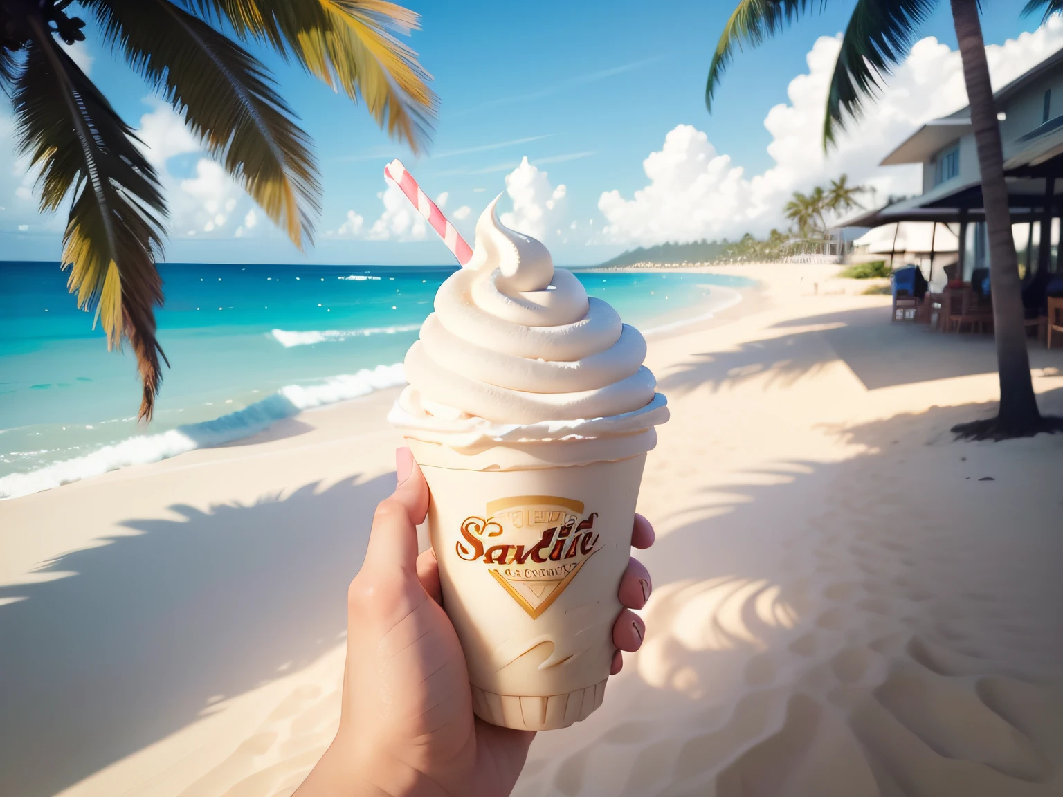 Soft-serve ice cream in hand。Background is sandy beach, sea and palm trees。Super realistic photos。