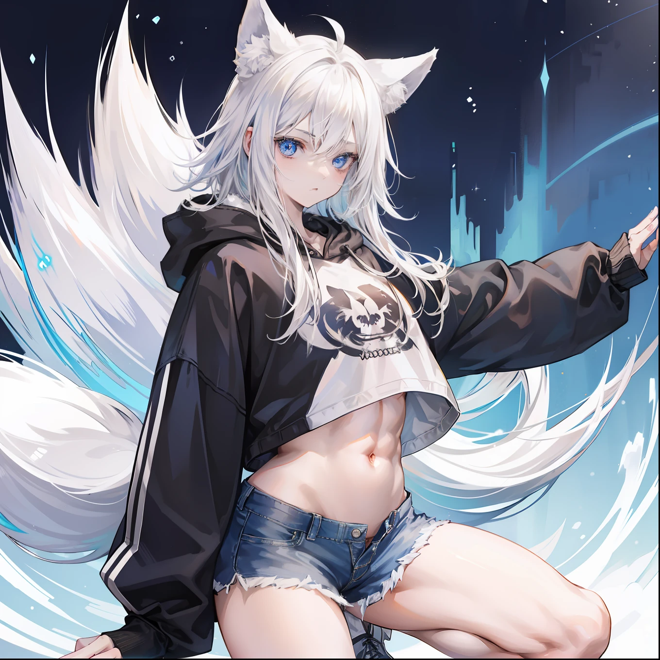 feminine male with long flowing white hair, has wolf ears, has wolf tail, wearing denim short shorts and a cropped black hoodie, thick thighs, wide hips, wearing thigh high socks, solo, alone, no wolves, showing belly, has glowing blue eyes, flat chested