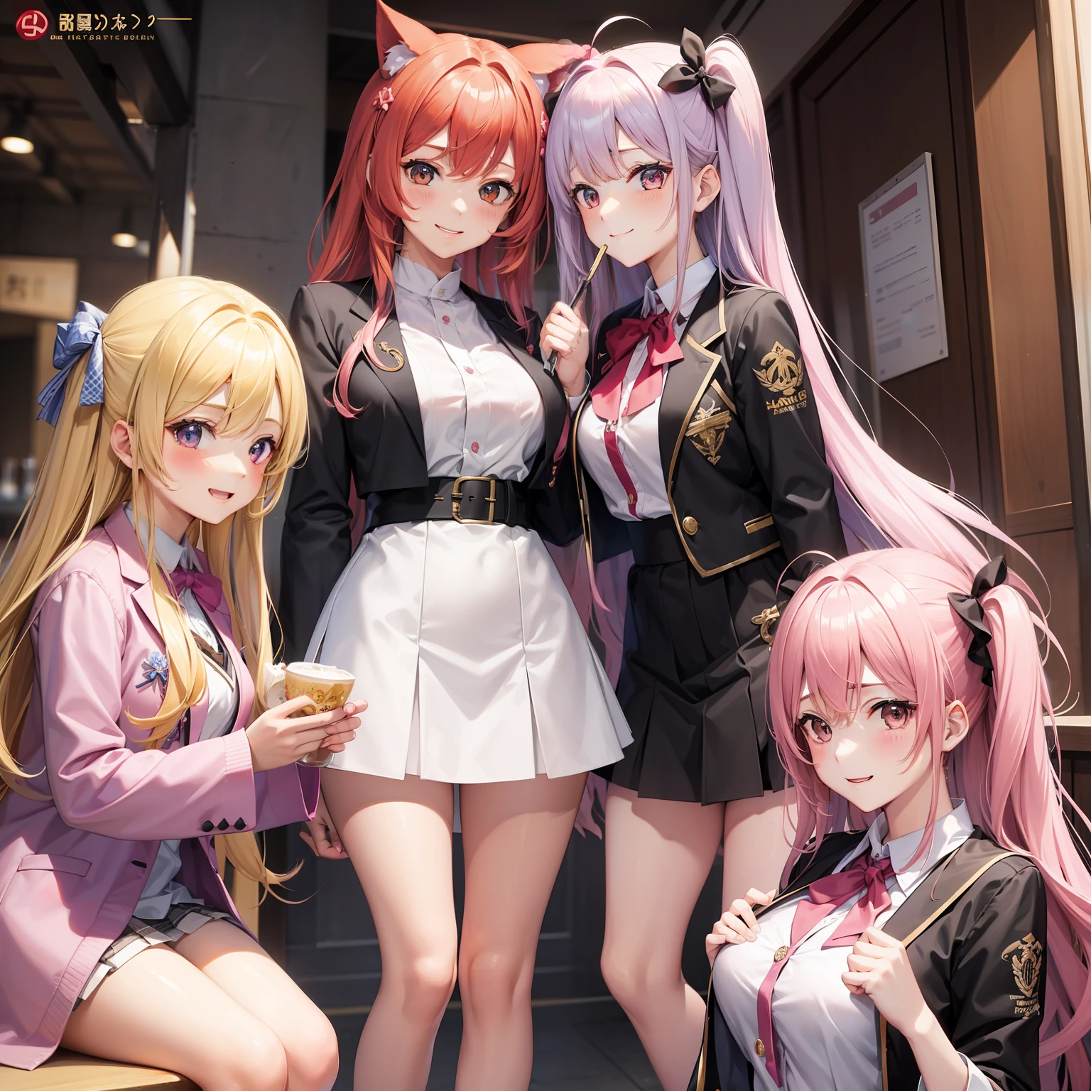 harems Multiple girls are depicted a smile a blond Pink hair 校服 blazers top-quality masterpiece 超A high resolution