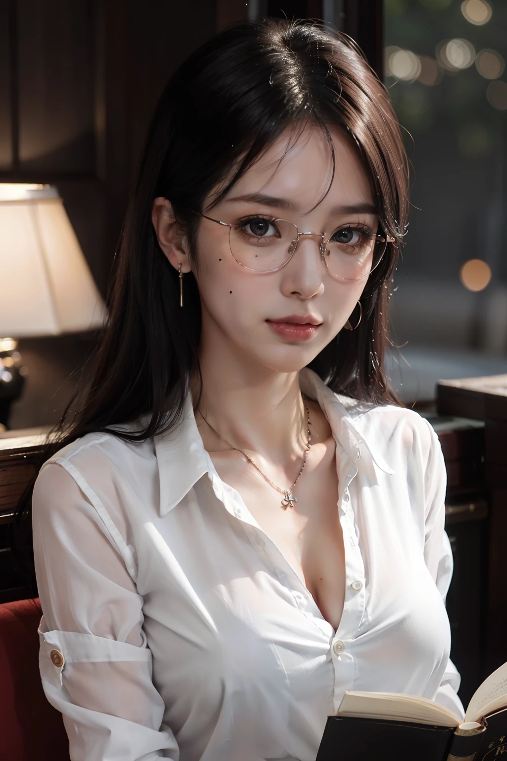 (Buttons up to shirt length:1.2)、(White shirt wet in the rain)、(Unbuttoned shirt:1.1)、huge tit、Shallow valley、top-quality、masterpiece、illustratio、extremely delicate and beautiful、ighly detailed、CG、Unity、8k wallpaper、astonishing、finely detail、Highly detailed CG Unity 8k wallpapers、huge filesize、ighly detailed、hight resolution、Handsome detailed woman、extremely detailed eye and face、 Stunning detailed eyes、Facial light、(The best illustrations:1.1)、(Best Shadows:1.1)、超A high resolution、(Photorealsitic:1.1)、(Photorealistic 1.2:1.1)、Realistic facial proportions、Slimed、a smile、(makeups:0.4)、(fluffy black eyes:1.21)、black eyes、Look at viewers、dark brown hair、耳环、a necklace、hair pin、cowboy shot、(Irregular irregular skin defects、vein、Wrinkled pores on the skin:1.2)、(Dark night background: 1.2)、(bokeh dof:1.4)、atlibrary、thin frame red glasses、Reading a book、