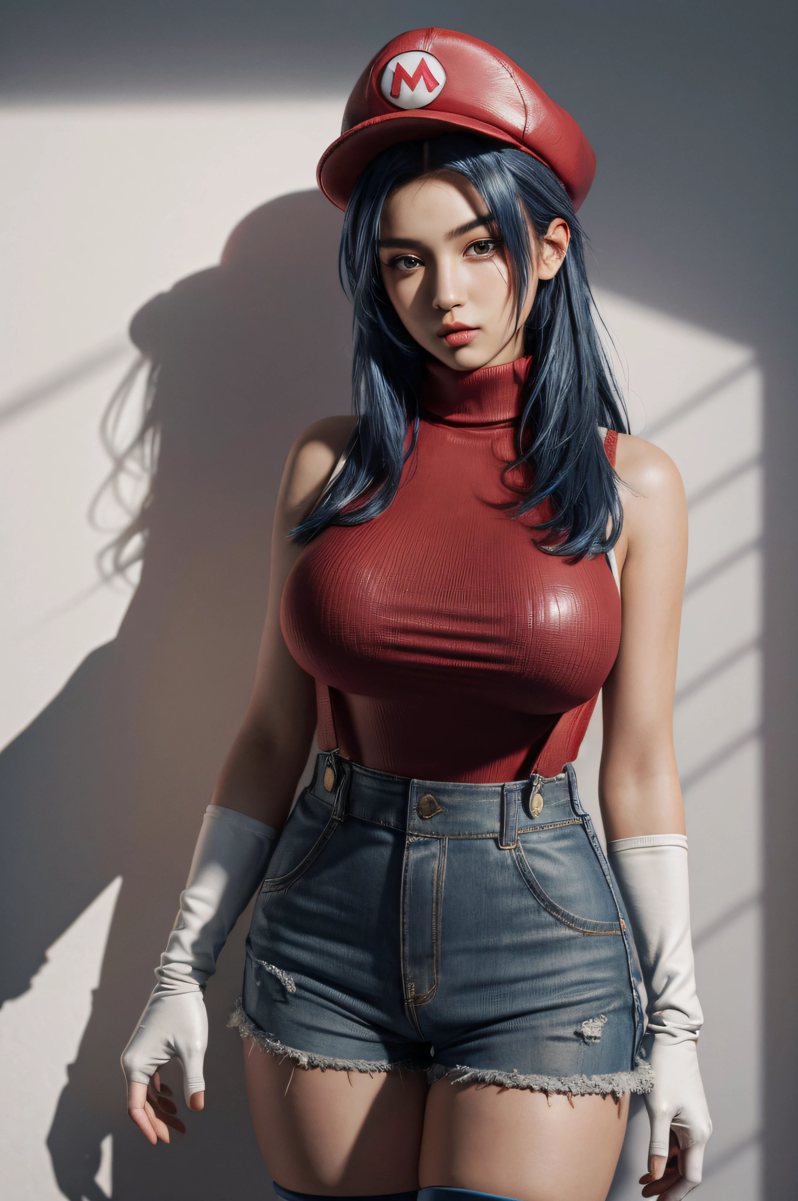 color_hair, blue_hair, brown_hair,, crazy detail, intricate detail, hyperdetail, ultra-detail, extreme detail, supreme detail, high_detail, colorful, beautiful, HDR, realistic, high resolution, ultra_high_res, photography, aesthetics, extremely_delicate,,(1girl,,makeup,blush,tall, Big breasts: 1.5, Thick legs: 1.6), ((Mario red hat)), ((Red turtleneck off-the-shoulders: 1.8)), ((Blue leather strap ultra shorts, Suspenders: 1.5)), (White gloves), (Detailed leather texture: 1.8))), Leaning against the wall, shadow projected on the wall, (White light and shadow room), Studio lighting, detailed picture details, (Masterpiece: 1.3), (best_quality:1.3), (ultra_ detailed:1.3), 8K, extremely_clear, realism, (surreal:1.3),