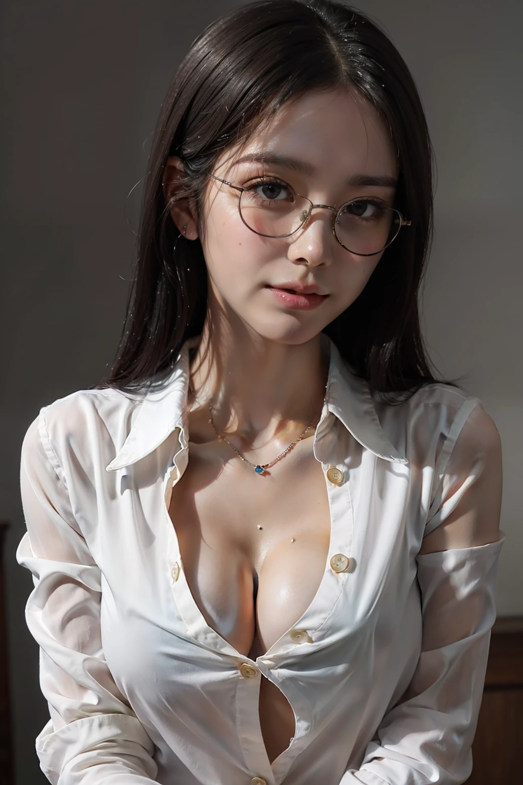 (Buttons up to shirt length:1.2)、(White shirt wet in the rain)、(Unbuttoned shirt:1.1)、small tits、Shallow valley、top-quality、masterpiece、illustratio、extremely delicate and beautiful、ighly detailed、CG、Unity、8k wallpaper、astonishing、finely detail、Highly detailed CG Unity 8k wallpapers、huge filesize、ighly detailed、hight resolution、Handsome detailed woman、extremely detailed eye and face、 Stunning detailed eyes、Facial light、(The best illustrations:1.1)、(Best Shadows:1.1)、超A high resolution、(Photorealsitic:1.1)、(Photorealistic 1.2:1.1)、Realistic facial proportions、Slimed、a smile、(makeups:0.4)、(fluffy black eyes:1.21)、black eyes、Look at viewers、dark brown hair、耳环、a necklace、hair pin、cowboy shot、(Irregular irregular skin defects、vein、Wrinkled pores on the skin:1.2)、(Dark night background: 1.2)、(bokeh dof:1.4)、atlibrary、thin frame red glasses、Reading a book、
