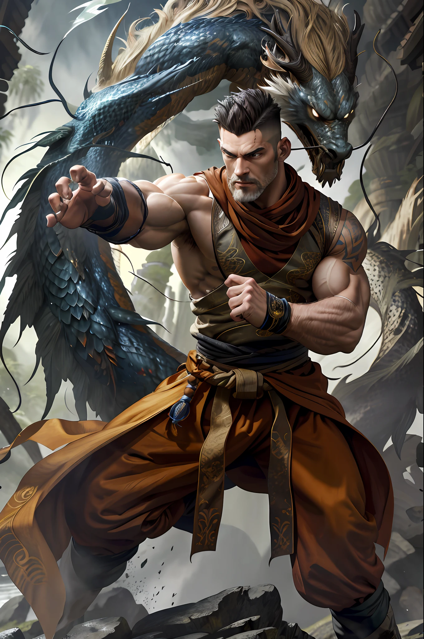 (absurdres, highres, ultra detailed), 1 male, mature, aged up, handsome, tall muscular guy, broad shoulders, very short hair, undercut, dark brown eyes, finely detailed eyes and detailed face, extremely detailed CG unity 8k wallpaper, intricate details, (style-swirlmagic:0.7), looking at viewer, solo, (full body:0.6), detailed background, detailed face, (european medieval fantasy theme:1.1),  hair flowing in the wind, martial artist, dynamic pose, fighting stance, clenched fist,  fingerless gloves, wristwraps,  dragon themed clothes, monk robes, bamboo forest in background, swirling floating particles,   dynamic composition, mystical eastern medieval atmosphere,
