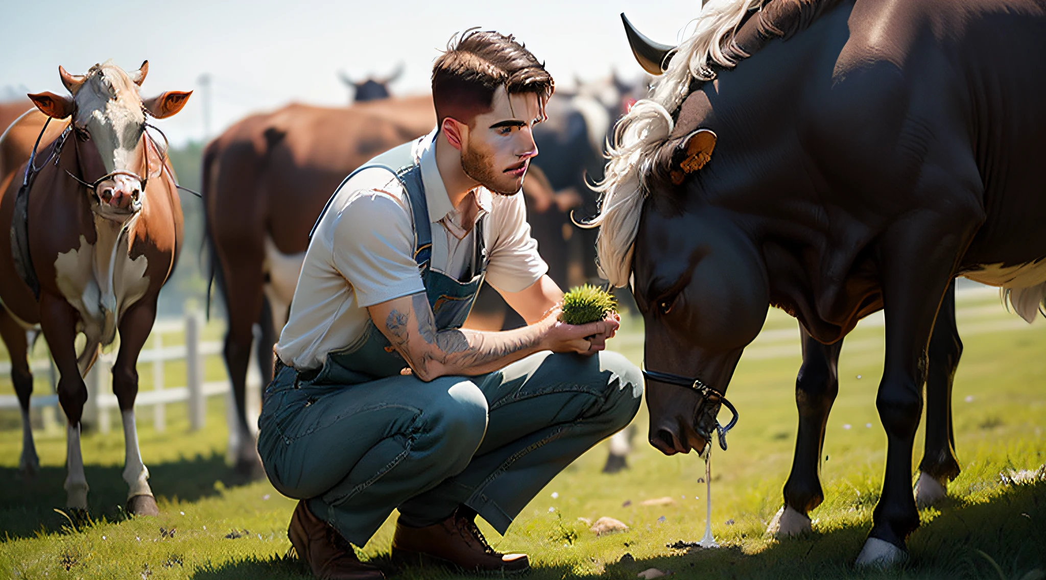 Holding a large handful of grass in his hand,The cow is eating a lot of grass