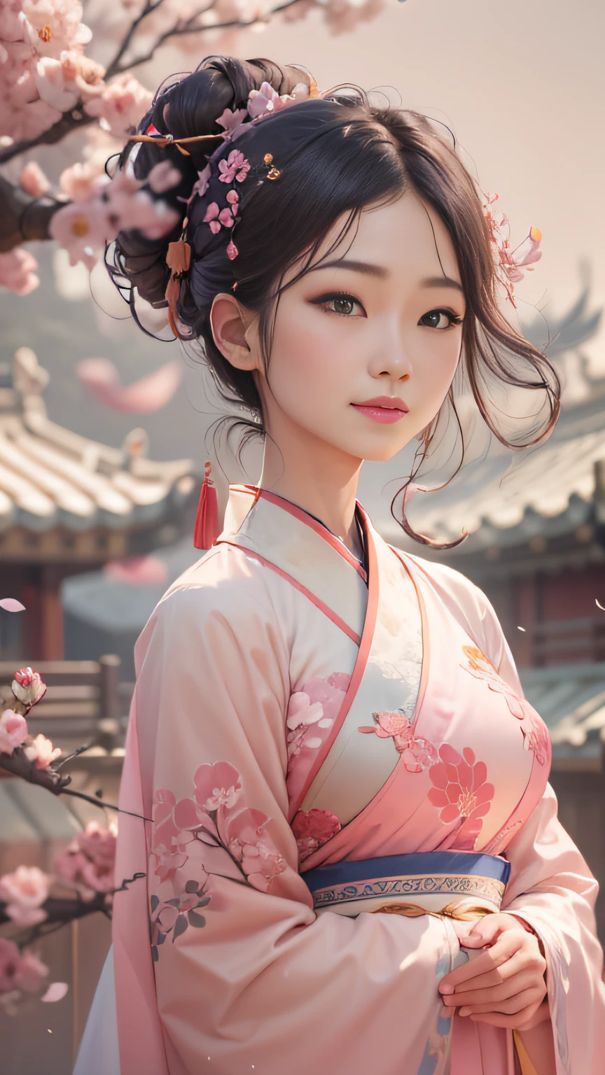 Oriental classical woman with delicate facial features,Wearing a light pink dress,She looked up,Look at the peach blossoms outside the wall,A big smile on his face,Character Spotlight,The ancient city of Hangzhou looms in the background。A drizzle,with petals falling,Drawn by Zao Wou-Ki - Niji5,Depth of field 1.5,Cinematic texture,Top side light,Half composition