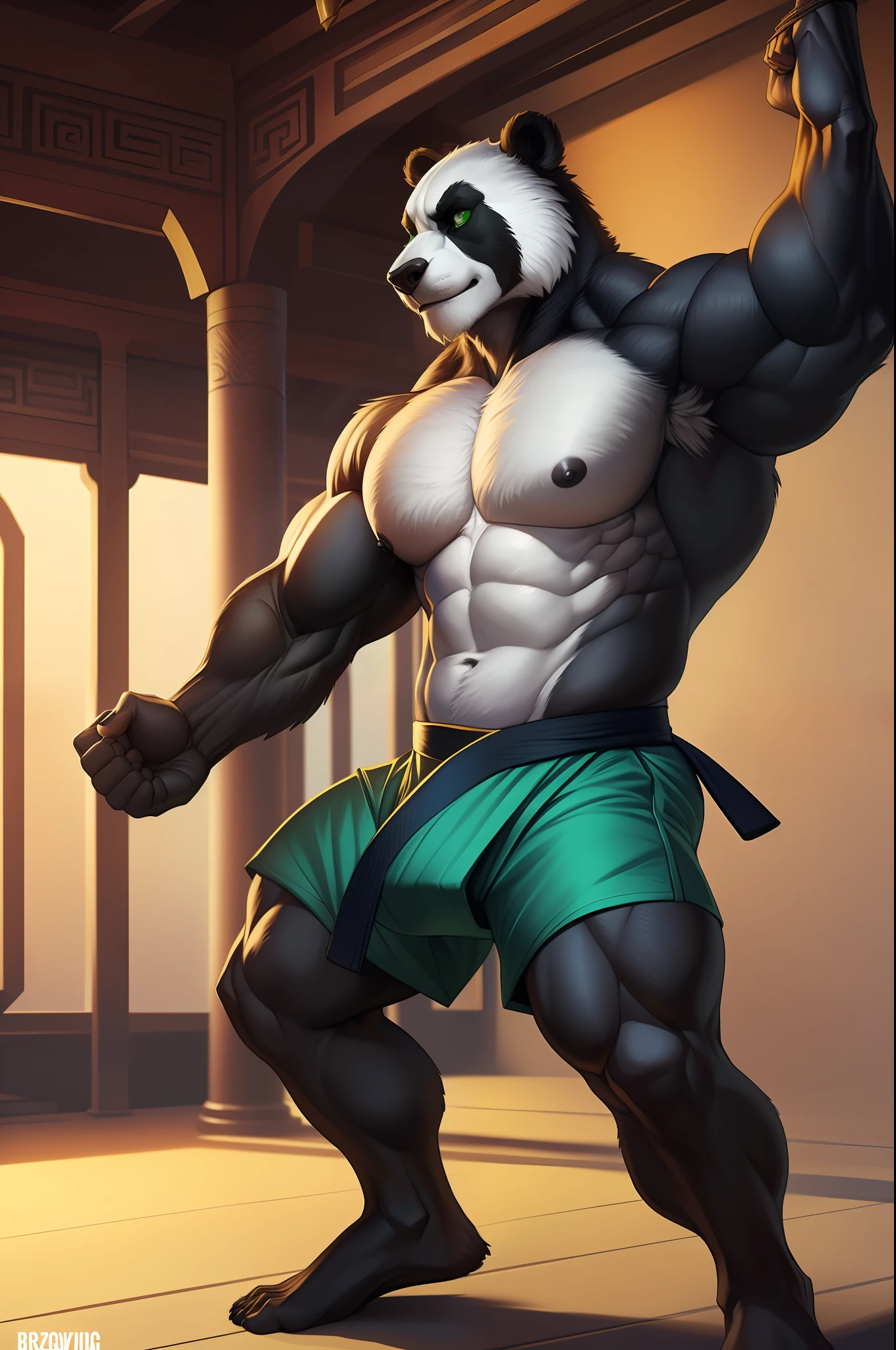 Uploaded on e621, ((by Wildering, by Foxovh, by Disney)),Kung Fu Panda, solo (((Po))) and ((green emerald eyes)) ((fluffy white&black panda fur))((fluffy white fur centered on the torso))((balck fur on the arms and legs)) ((half-length portrait)), (BREAK(Po detailed panda), (detailed lighting), ((detailed Patched-up burlap shorts with Shaolin wraps around ankles) BREAK, ((in the Jade Temple exercising his muscles)), (cinematic lighting), ((detailed background)), ((depth of field)), (half-length shadow), ((((practicing martial arts that flexed his muscles))), (high-angle view), ((three-quarter view)), [backlight], [detailed ambient light], [gray natural lighting], [ambient light on the belly], [realistic proportions of a person with muscle hypertrophy], [explicit content, adult, NSFW], [sharp focus], (questionable content), (shaded), (high resolution), ((masterpiece)) Muscular big body, imposing body, imposing appearance, muscular arms, muscular legs, bara body, trapezoid torso, beefy body, muscular body, defined round beefy pectorals, defined washboard abs,defined arms, defined legs