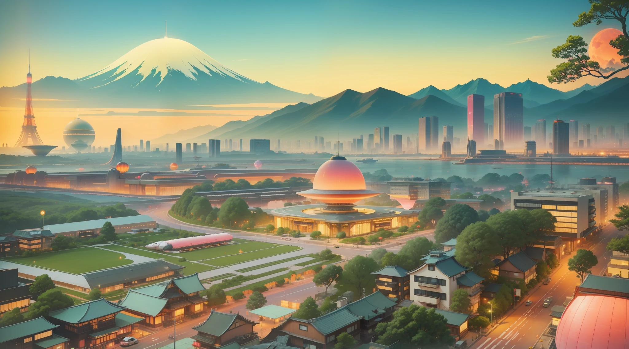 keep the colors, Make the city become futuristic, add many flying cars in the sky, add airships flying in the sky, add red sun above the mountain, add floating cities, add more tall buildings, add Tokyo tower from afar, change green trees to pink, add flying cars, add flying futuristic airships, make the picture like Japanese traditional art style