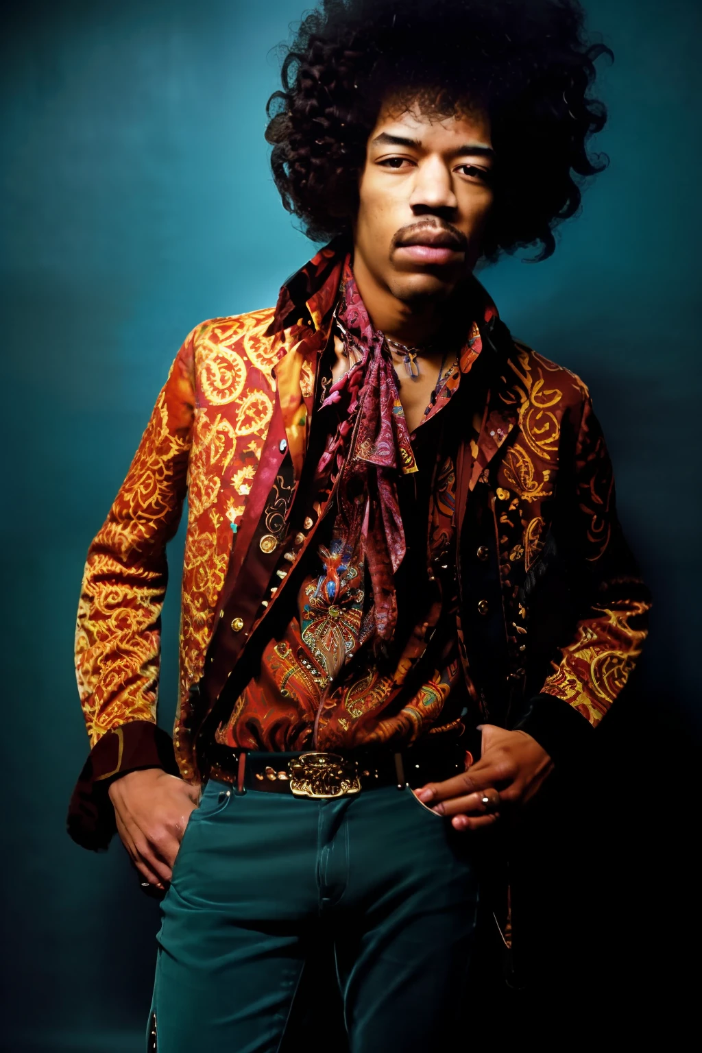 Full body portrait of JIMI HENDRIX man with a messy afro Hair Style, Detailed face, (perfect eyes), (highly detailed skin:1.1), perfect body,  wearing Paisley print shirt and jeans pants , Modelshoot style, Professional Photography, soft lighting, PHOTOREALISTIC, Realistic, standing in a dark studio background, blurred background, RAW, analog, sharp focus, 8k, high resolution, DSLR, high quality, Fujifilm XT3, film grain, award winning,