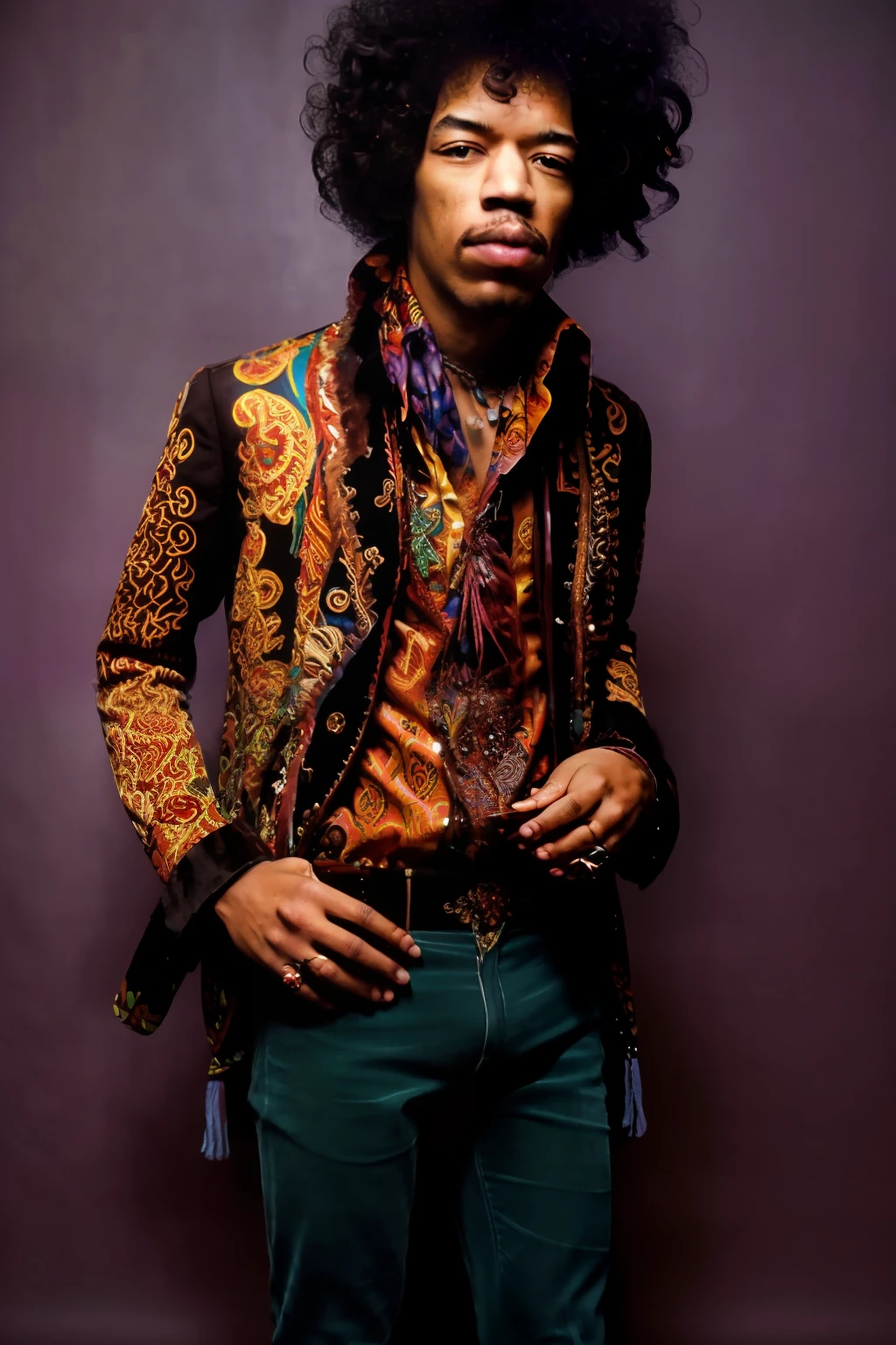 Full body portrait of JIMI HENDRIX man with a messy afro Hair Style, Detailed face, (perfect eyes), (highly detailed skin:1.1), perfect body,  wearing Paisley print shirt and jeans pants , Modelshoot style, Professional Photography, soft lighting, PHOTOREALISTIC, Realistic, standing in a dark studio background, blurred background, RAW, analog, sharp focus, 8k, high resolution, DSLR, high quality, Fujifilm XT3, film grain, award winning,