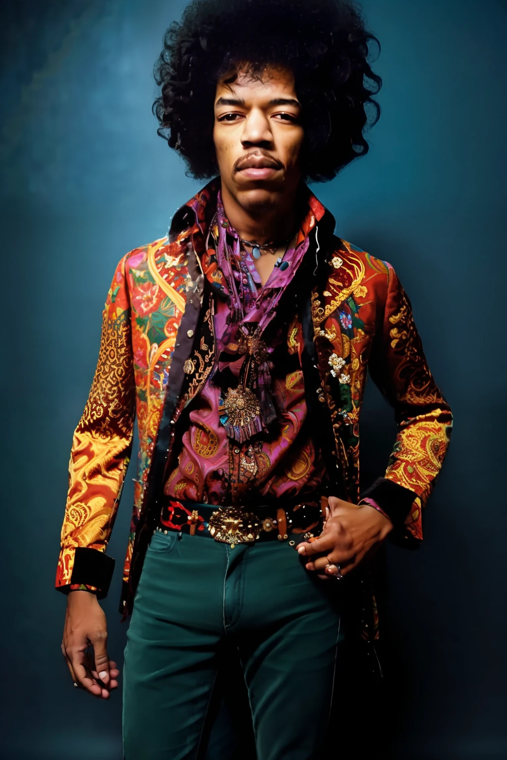 Full body portrait of JIMI HENDRIX man with a messy afro Hair Style, Detailed face, (perfect eyes), (highly detailed skin:1.1), perfect body,  wearing Paisley print shirt and jeans pants , Modelshoot style, Professional Photography, soft lighting, PHOTOREALISTIC, Realistic, standing in a dark studio background, blurred background, RAW, analog, sharp focus, 8k, high resolution, DSLR, high quality, Fujifilm XT3, film grain, award winning,