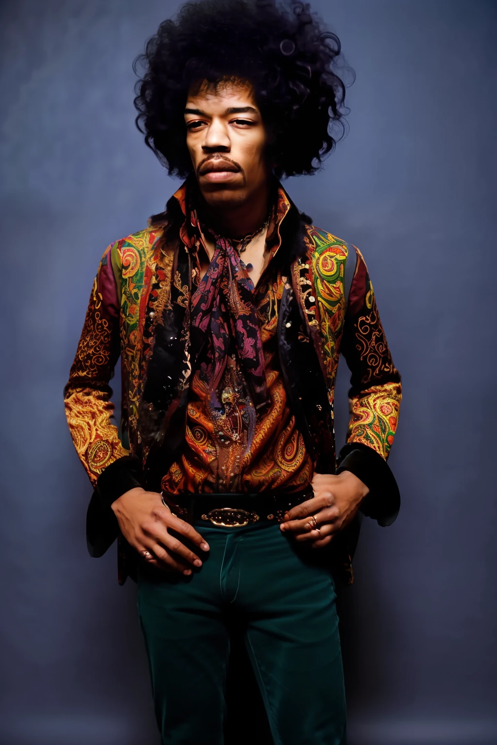 Full body portrait of JIMI HENDRIX man with a messy afro Hair Style, Detailed face, (perfect eyes), (highly detailed skin:1.1), perfect body,  wearing Paisley print shirt and jeans pants , Modelshoot style, Professional Photography, soft lighting, PHOTOREALISTIC, Realistic, standing in a dark studio background, blurred background, RAW, analog, sharp focus, 8k, high resolution, DSLR, high quality, Fujifilm XT3, film grain, award winning,